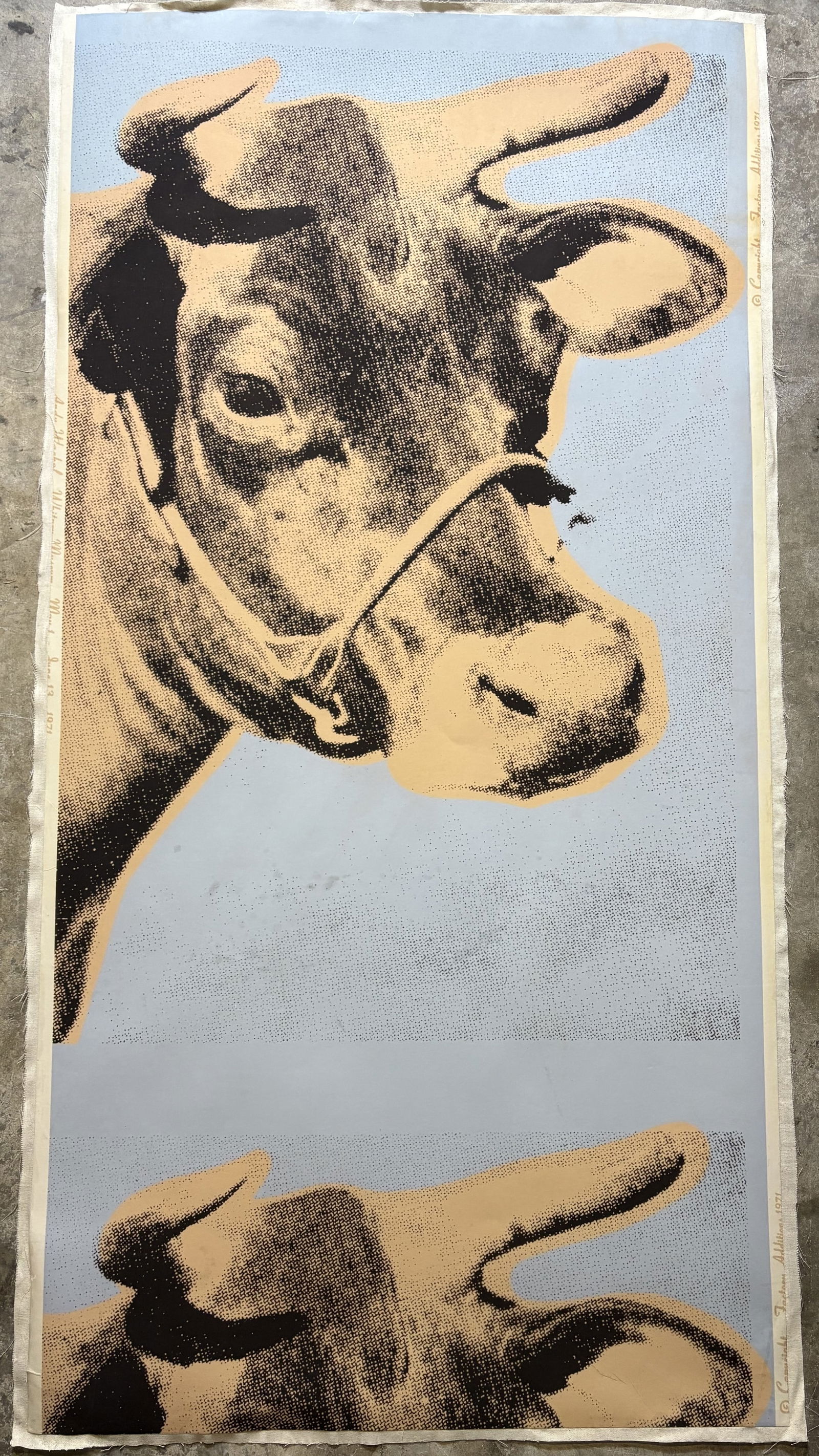 ANDY WARHOL COW WHITNEY MUSEUM WALLPAPER: Andy Warhol Cow Whitney Museum Wallpaper mounted to same size linen measuring at 30x59 inches.