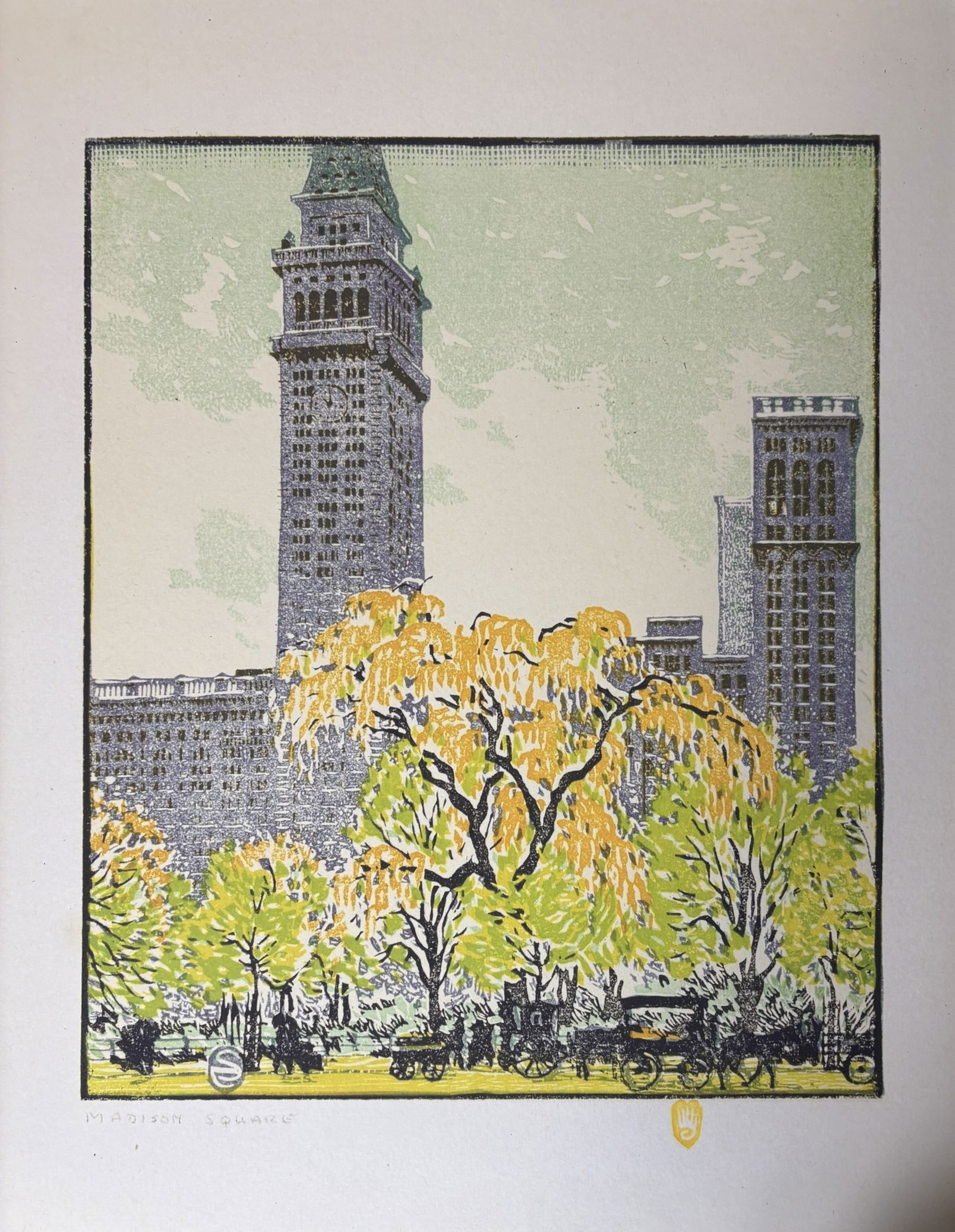 GUSTAVE BAUMANN MADISON SQUARE PRINT: Gustave Baumann Madison Square Print mounted to board measuring at 13.5x17.5 inches. Plate signed in the corner.