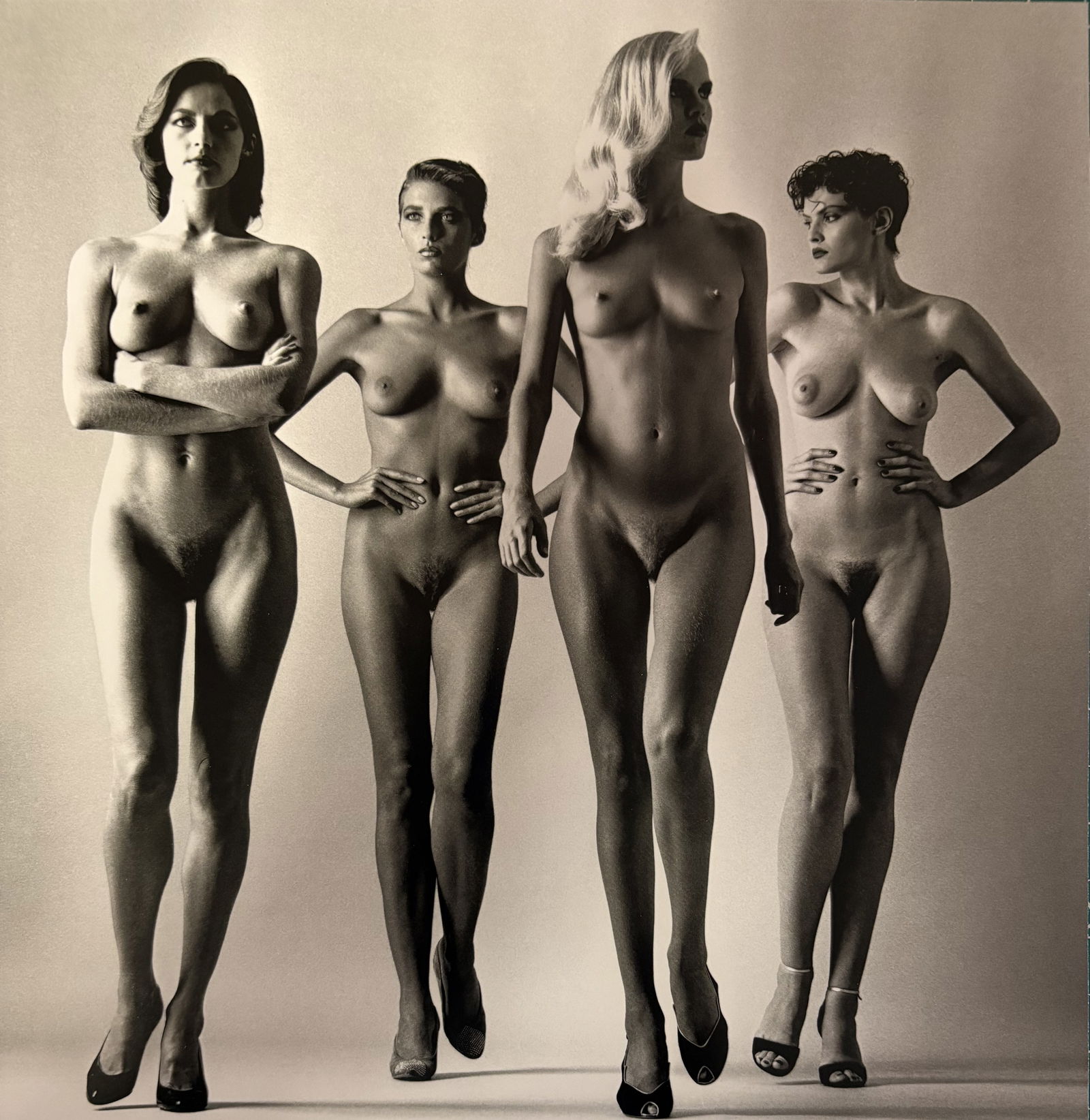 HELMUT NEWTON SIE KOMMEN NAKED DUOTONE PRINT: Helmut Newton Sie Kommen Naked Duotone Print mounted to board measuring at 9.5x9.75 inches.