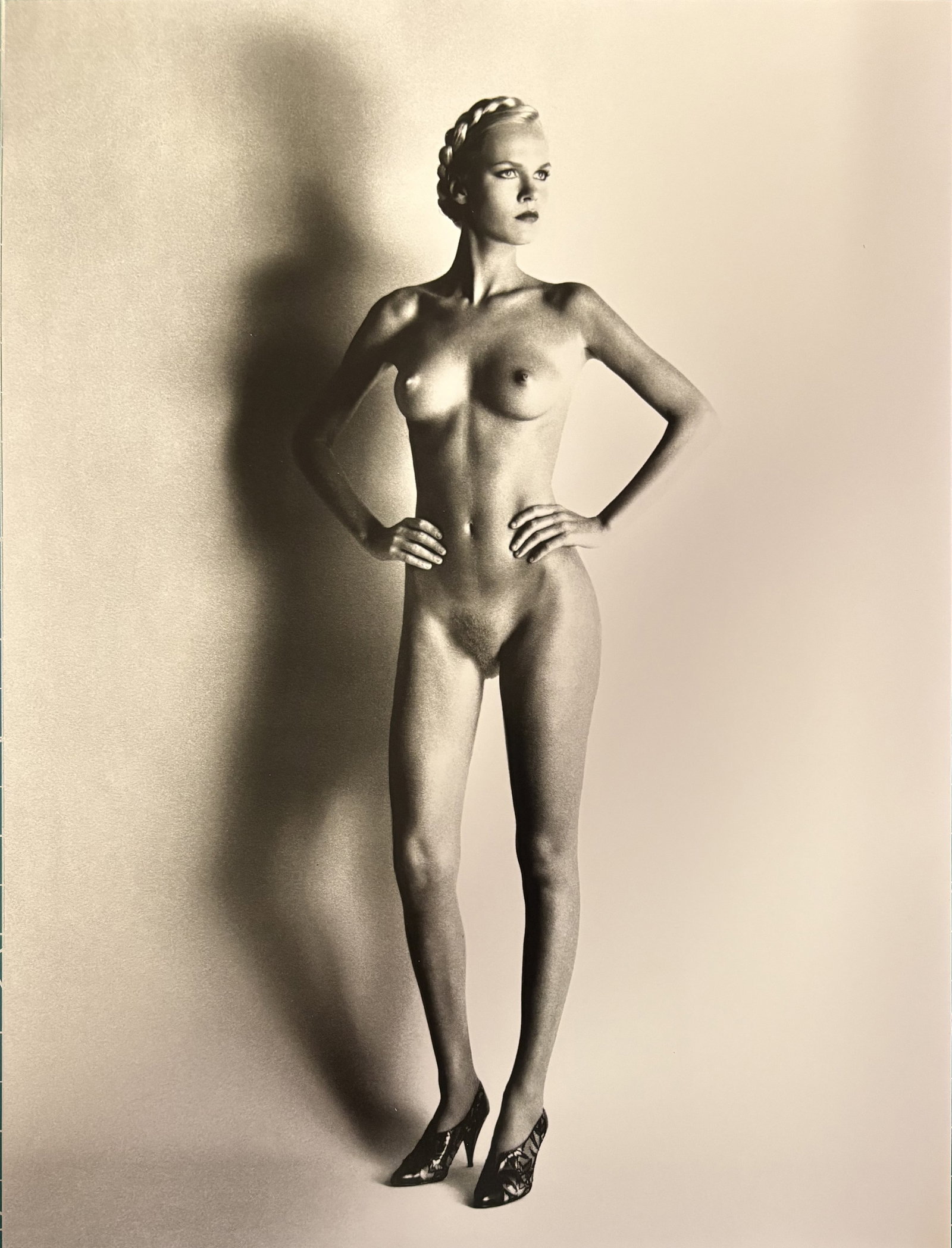 HELMUT NEWTON BIG NUDE DUOTONE PRINT: Helmut newton Big Nude Duotone Print mounted to board measuring at 9.75x12.75 inches.