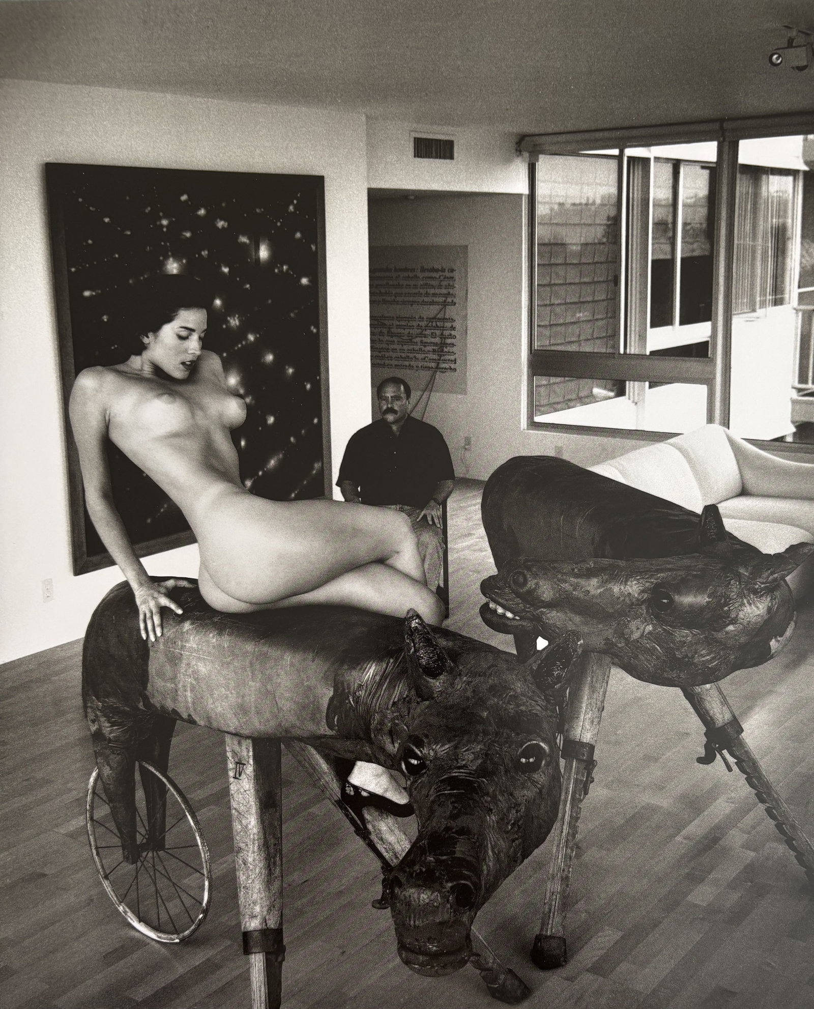 HELMUT NEWTON DOMESTIC NUDE DUOTONE PRINT: Helmut Newton Domestic Nude Duotone Print mounted to board measuring at 9.5x12 inches.