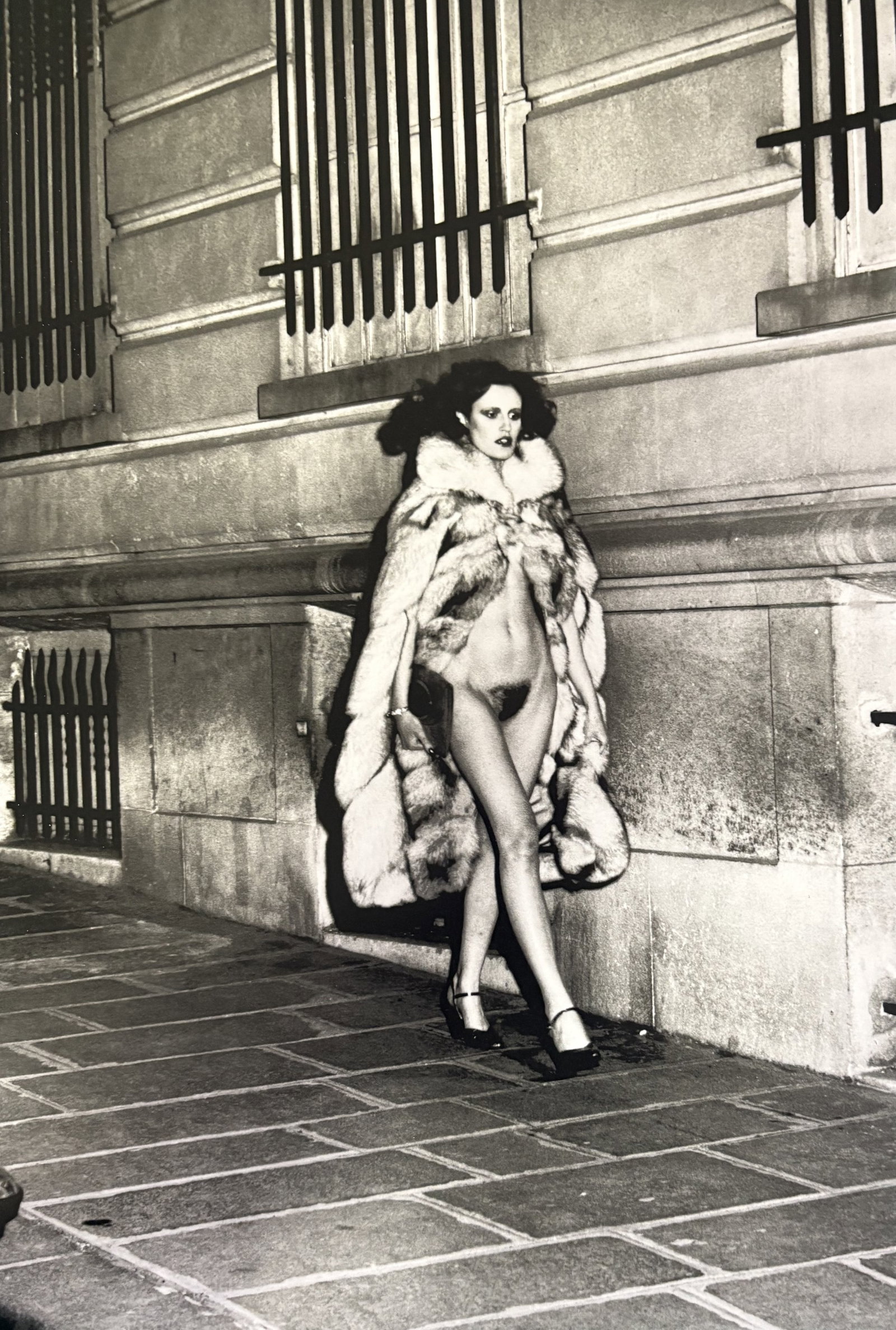 HELMUT NEWTON LAURA IN FOX SCARF DUOTONE PRINT: Helmut Newton Laura in Fox Scarf Duotone Print mounted to board measuring at 9.5x12 inches