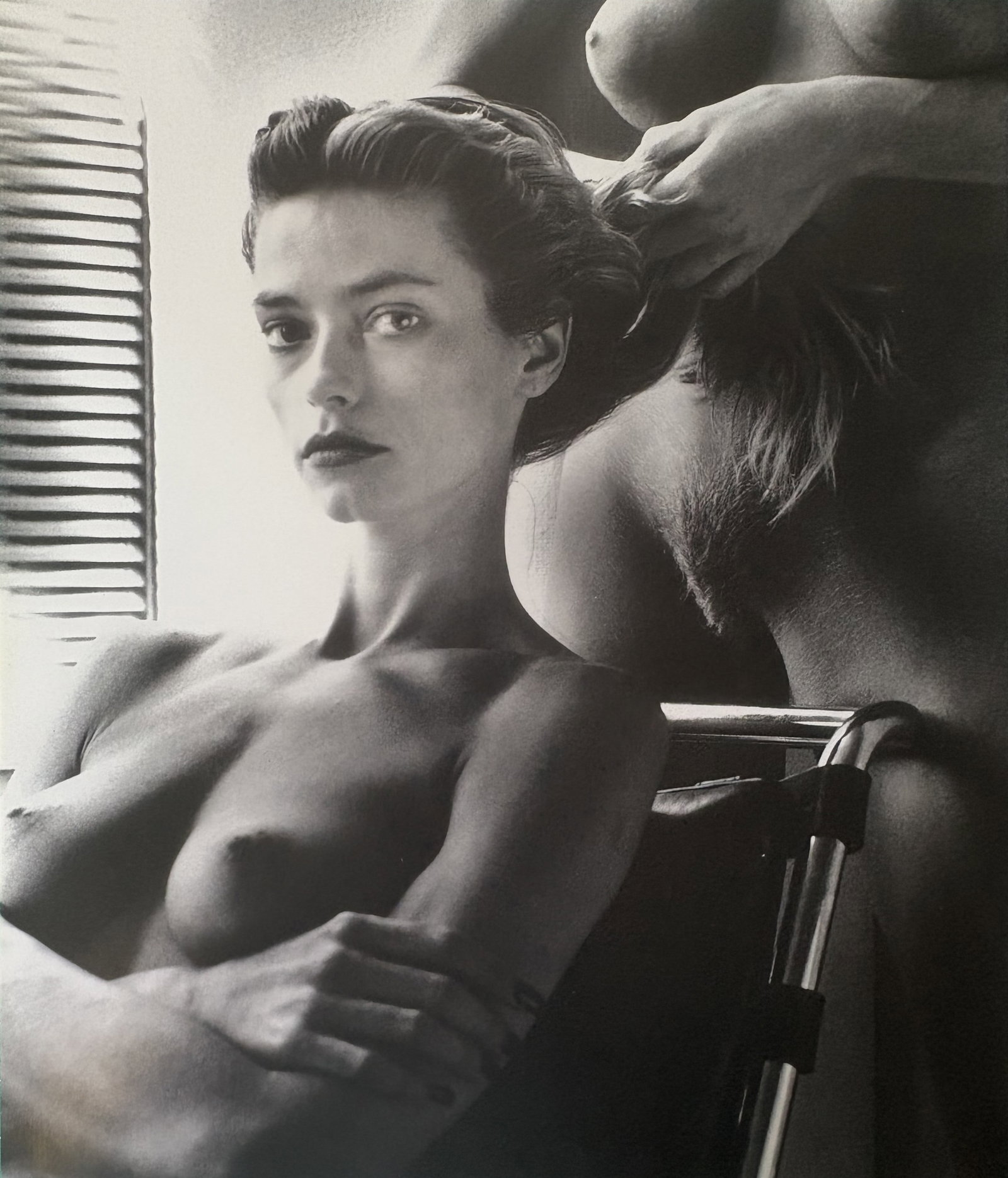 HELMUT NEWTON FEMALE NUDE DUOTONE PRINT: Helmut Newton Female Model Duotone Print professionally mounted to conservation board measuring at 9x10.5 inches.