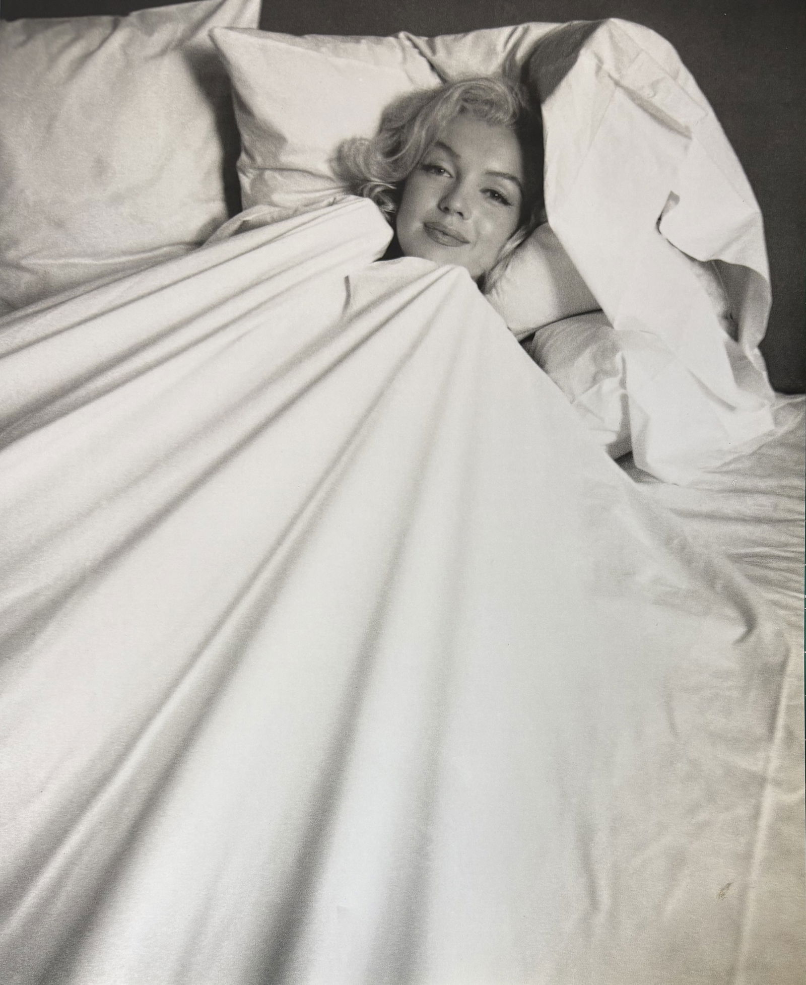 MILTON GREENE MARILYN IN BED DUOTONE PRINT: Milton Greene Marilyn in Bed Duotone Print professionally mounted to conservation board measuring at 9.25x11.5 inches.