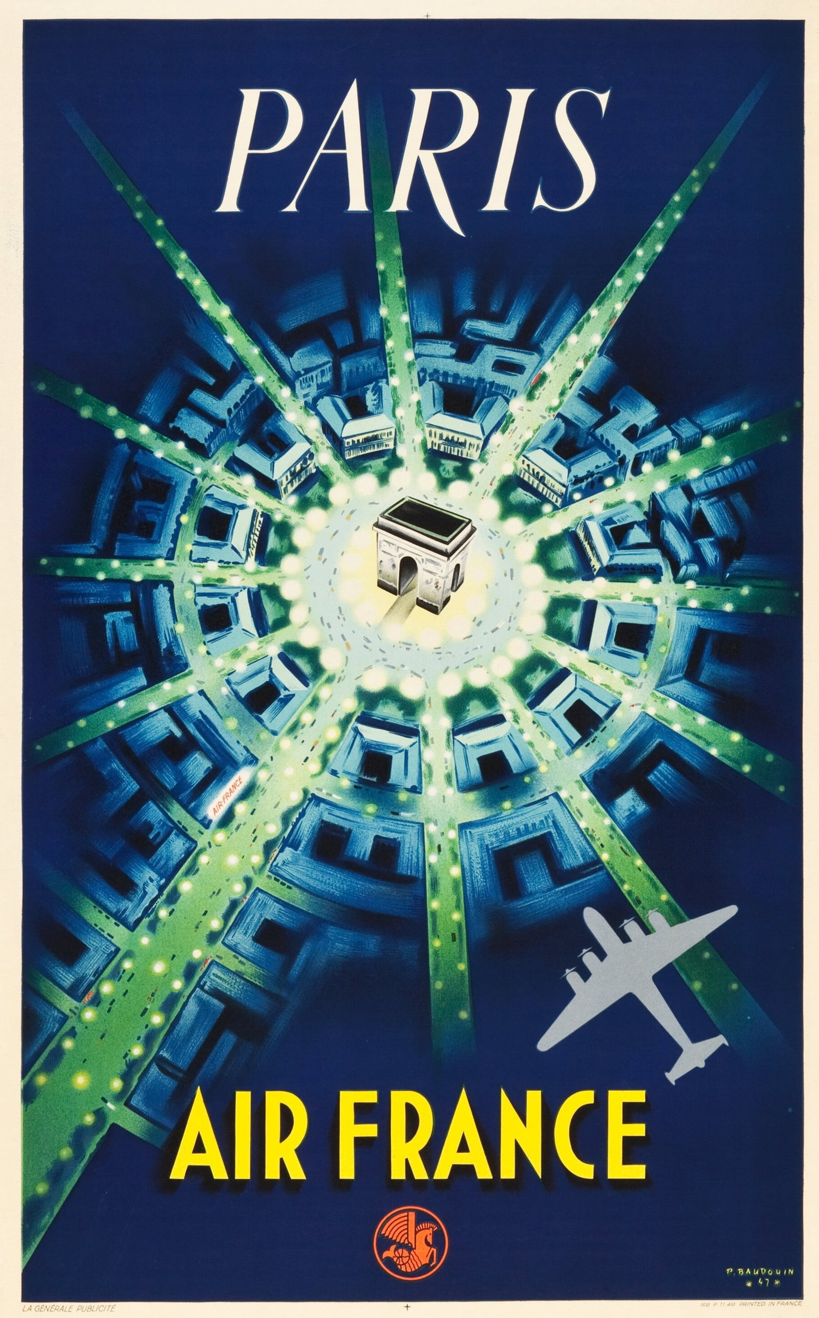 AIR FRANCE TRAVEL POSTER: Air France Travel Poster mounted to same size linen measuring at 25x40 inches.