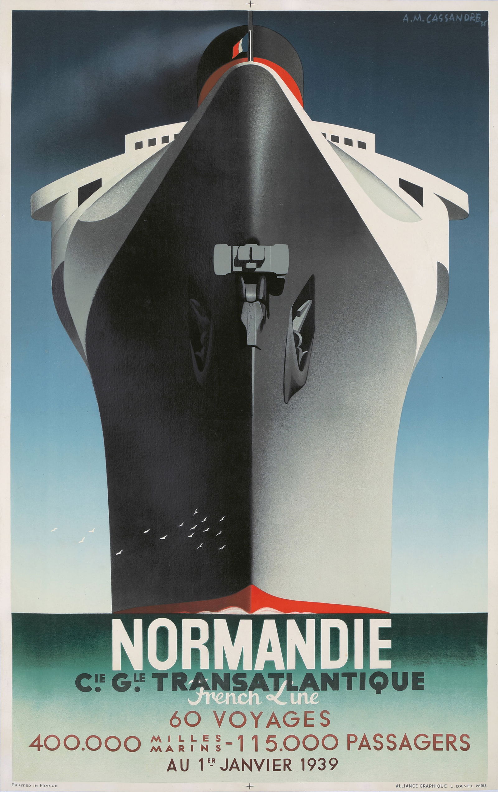 AM CASSANDRE NORMANDIE 60 VOYAGES POSTER PRINT: AM Cassandre Normandie 60 Voyages Poster Print mounted to same size linen measuring at 25x40 inches. Unknown print date.