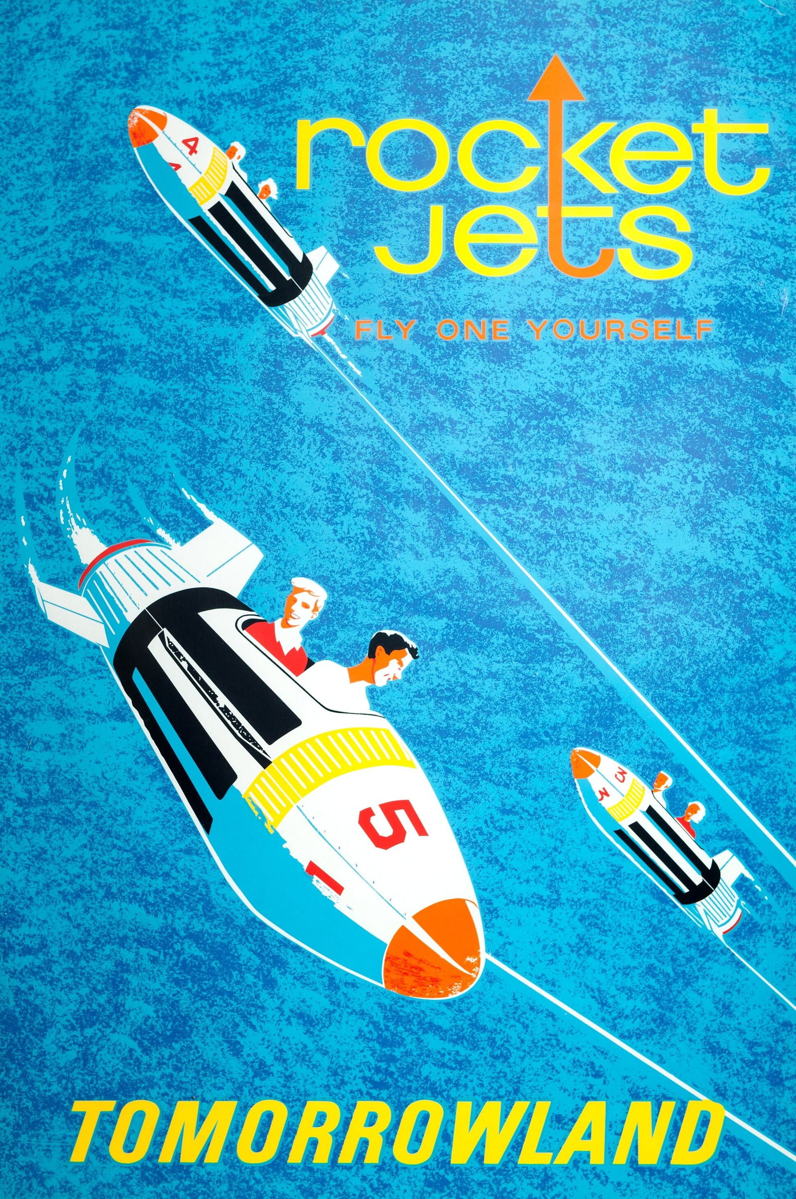 TOMMORROWLAND ROCKET JETS POSTER PRINT: Tommorrowland Rocket Jets Poster print mounted to same size linen measuring at 36x54 inches. Unknown print date.