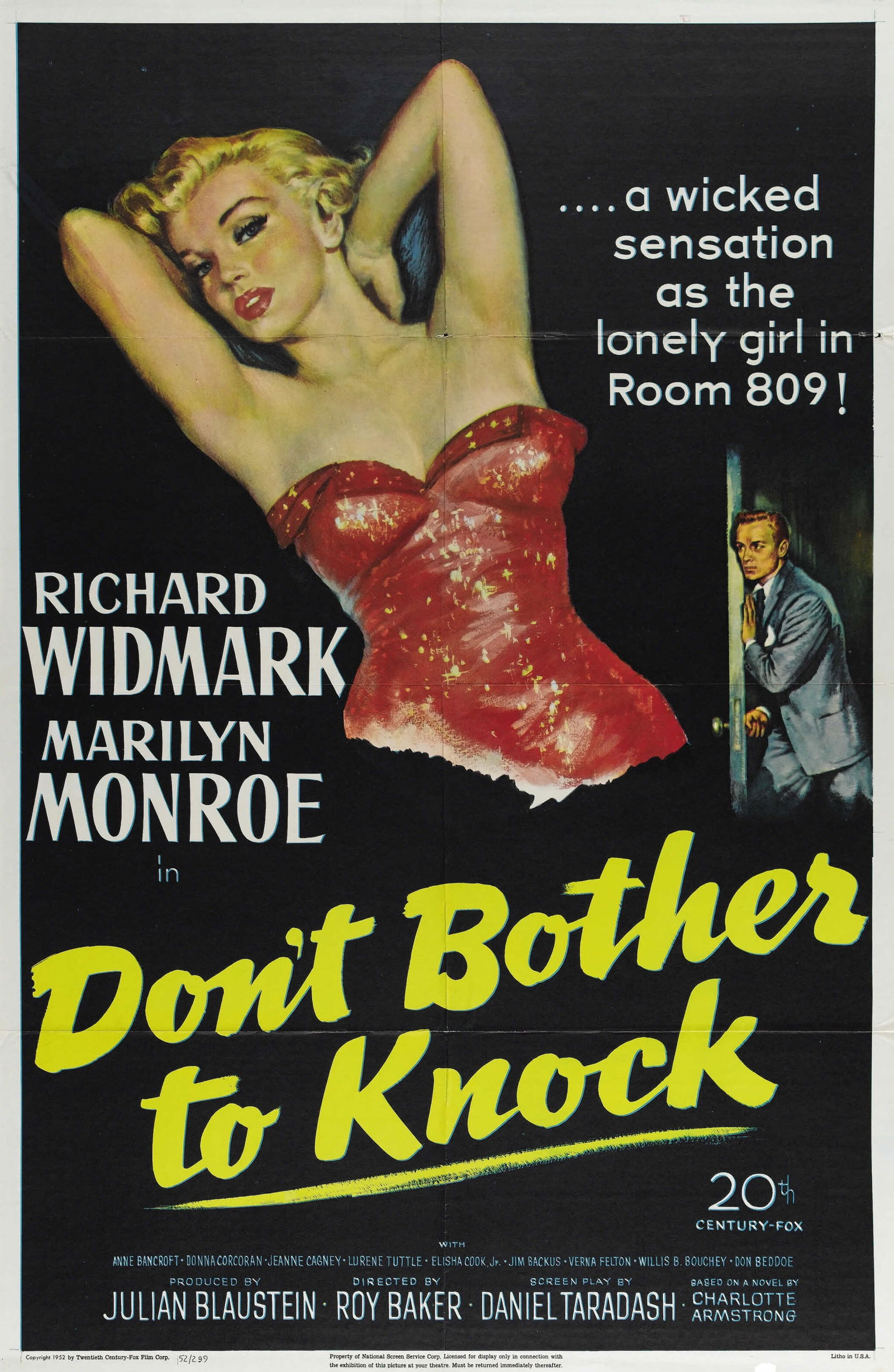 DONT BOTHER TO KNOCK POSTER PRINT: Dont Bother to Knock Poster Print mounted to same size linen measuring at 27x41 inches. Unknown print date.