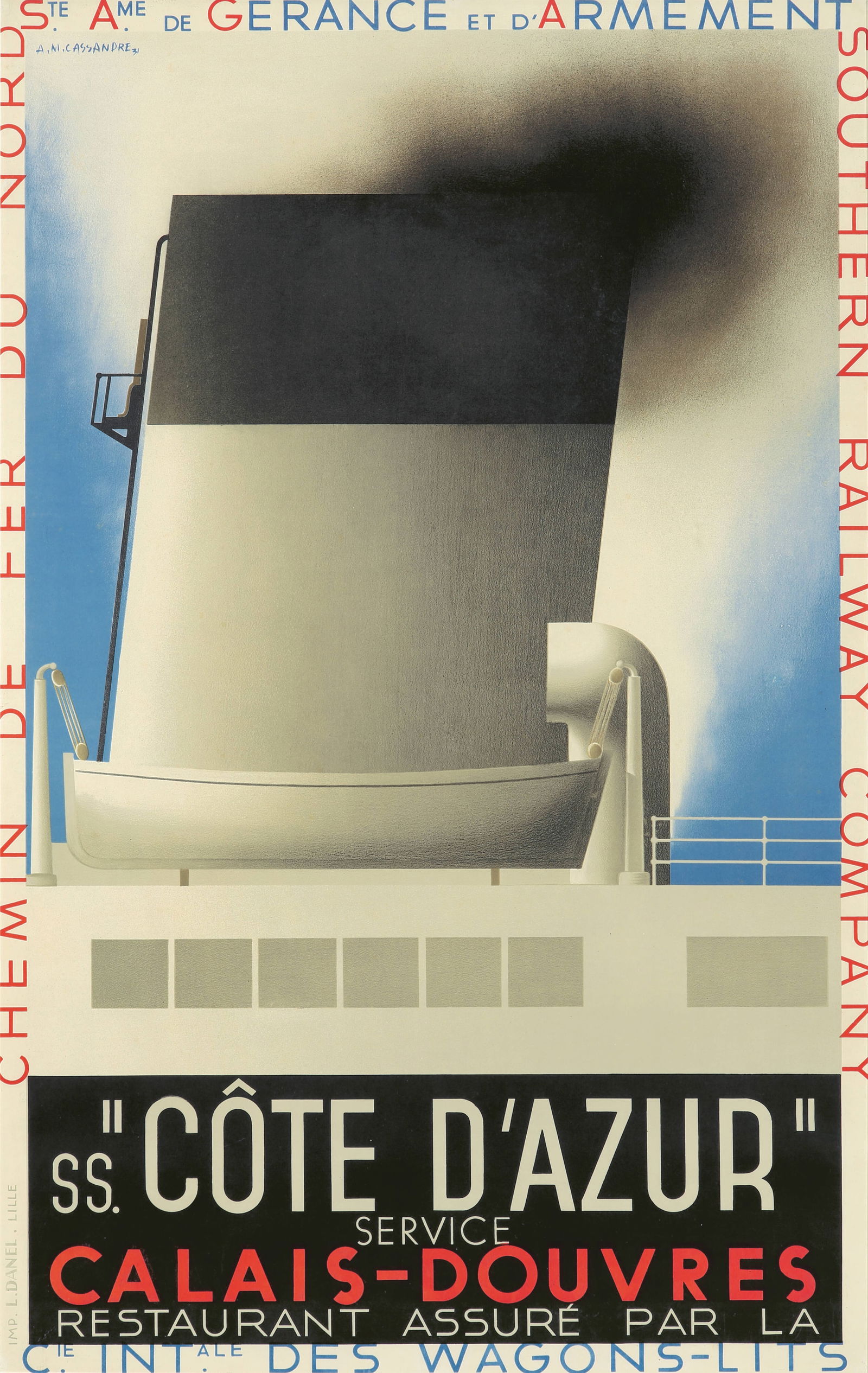 AM CASSANDRE COTE DAZUR POSTER PRINT: AM Cassandre Cote Dazur Poster Print mounted to same size linen measuring at 25x40 inches. Unknown Print date.