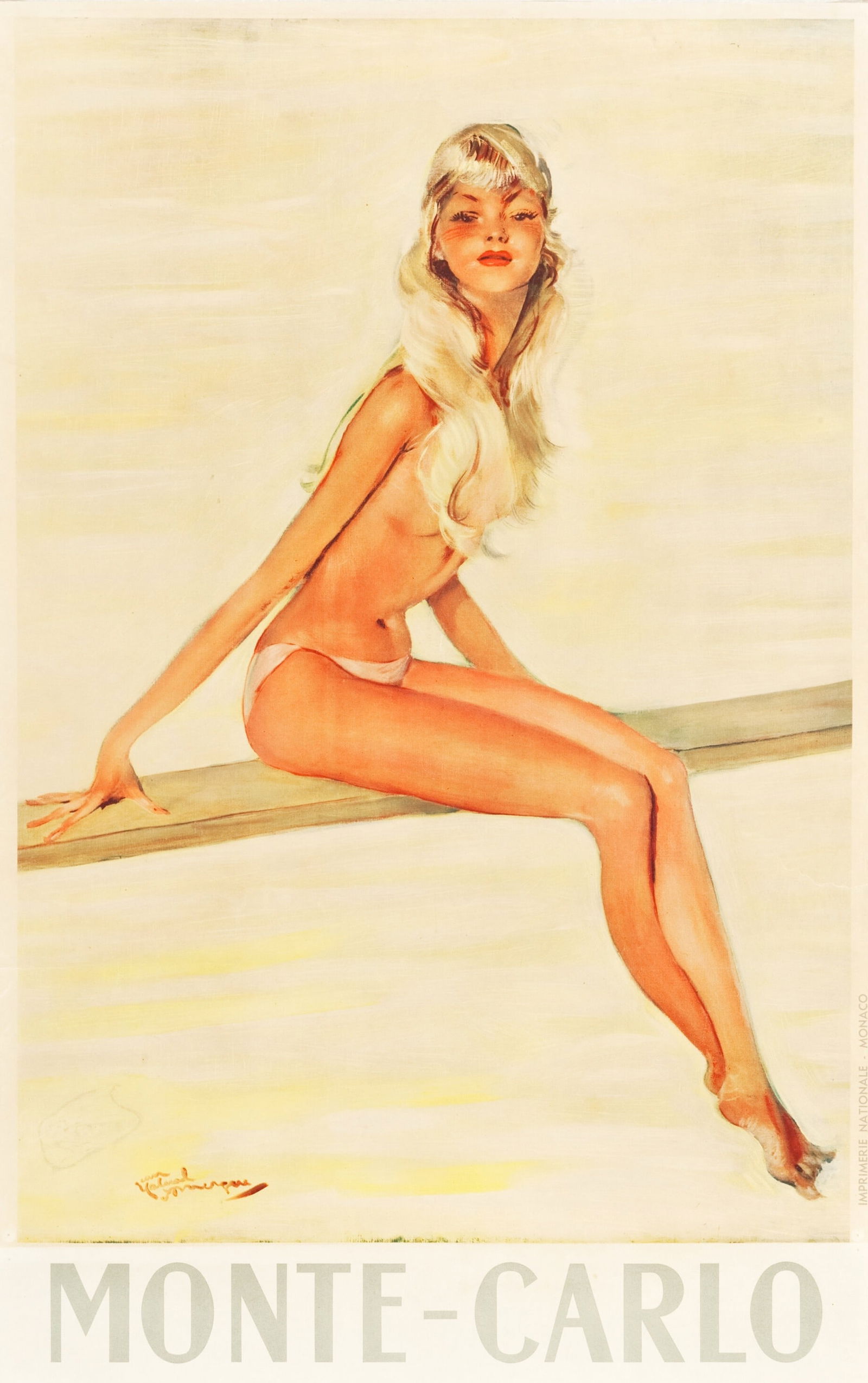 MONTE CARLO TRAVEL POSTER PRINT: Monte Carlo Travel Poster print mounted to same size linen measuring at 24x38.5 inches. Unknown print date.