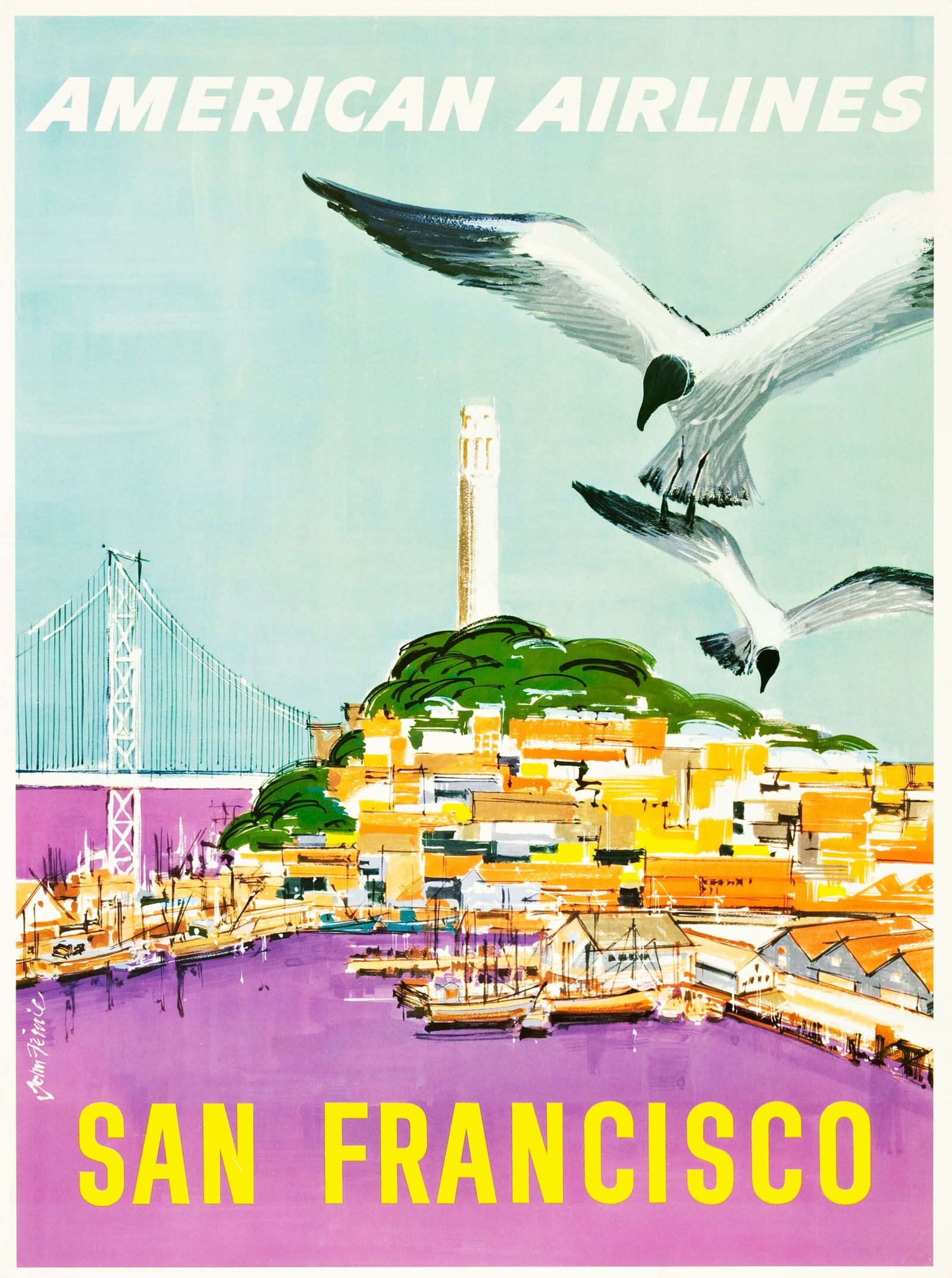 SAN FRANCISCO AMERICAN AIRLINES TRAVEL POSTER: San Francisco American Airlines Travel Poster Print mounted to same size linen measuring at 30x40 inches. Unknown Print date.