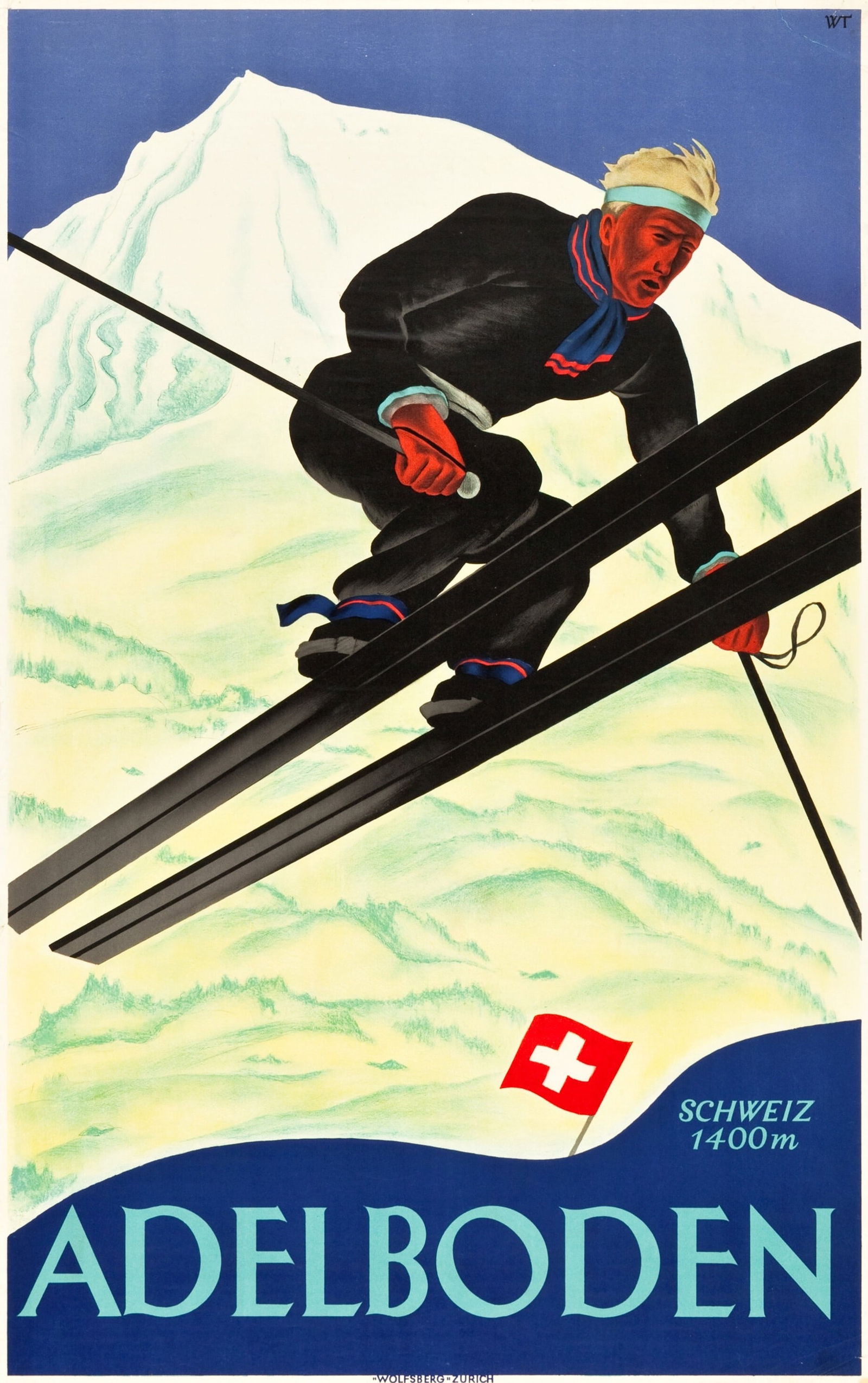 ABELBODEN SWITZERLAND TRAVEL POSTER PRINT: Abelboden Switzerland travel Poster Print mounted to same size linen measuring at 25x40 inches. Unknown Print date.