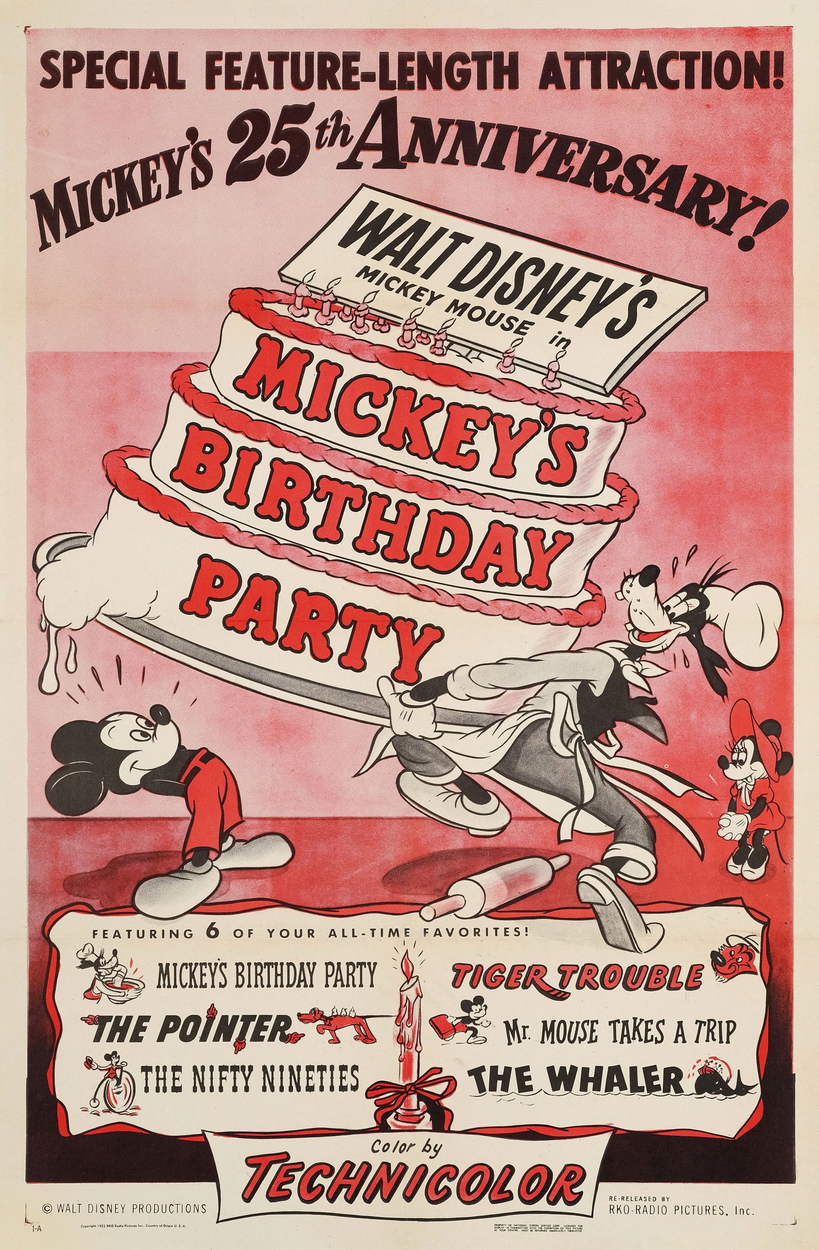 DISNEY MICKEYS BIRTHDAY PARTY POSTER: Disney Mickeys Birthday Party Poster print mounted to same size linen measuring at 27x41 inches. Unknown Print date.