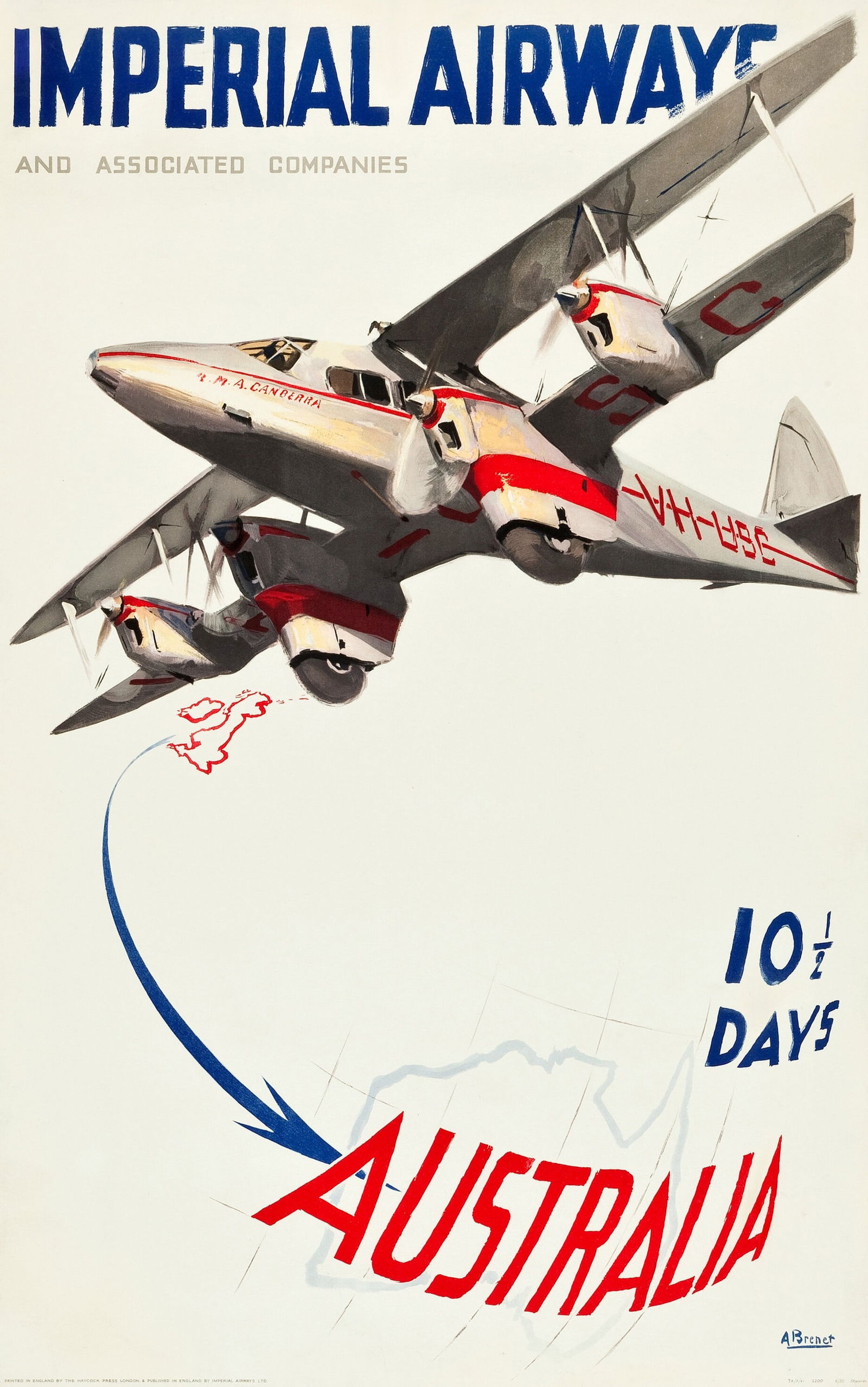 IMPERIAL AIRWAYS TRAVEL POSTER PRINT: Imperial Airways Travel Poster Print mounted to same size linen measuring at 25x40 inches. Unknown Print date.