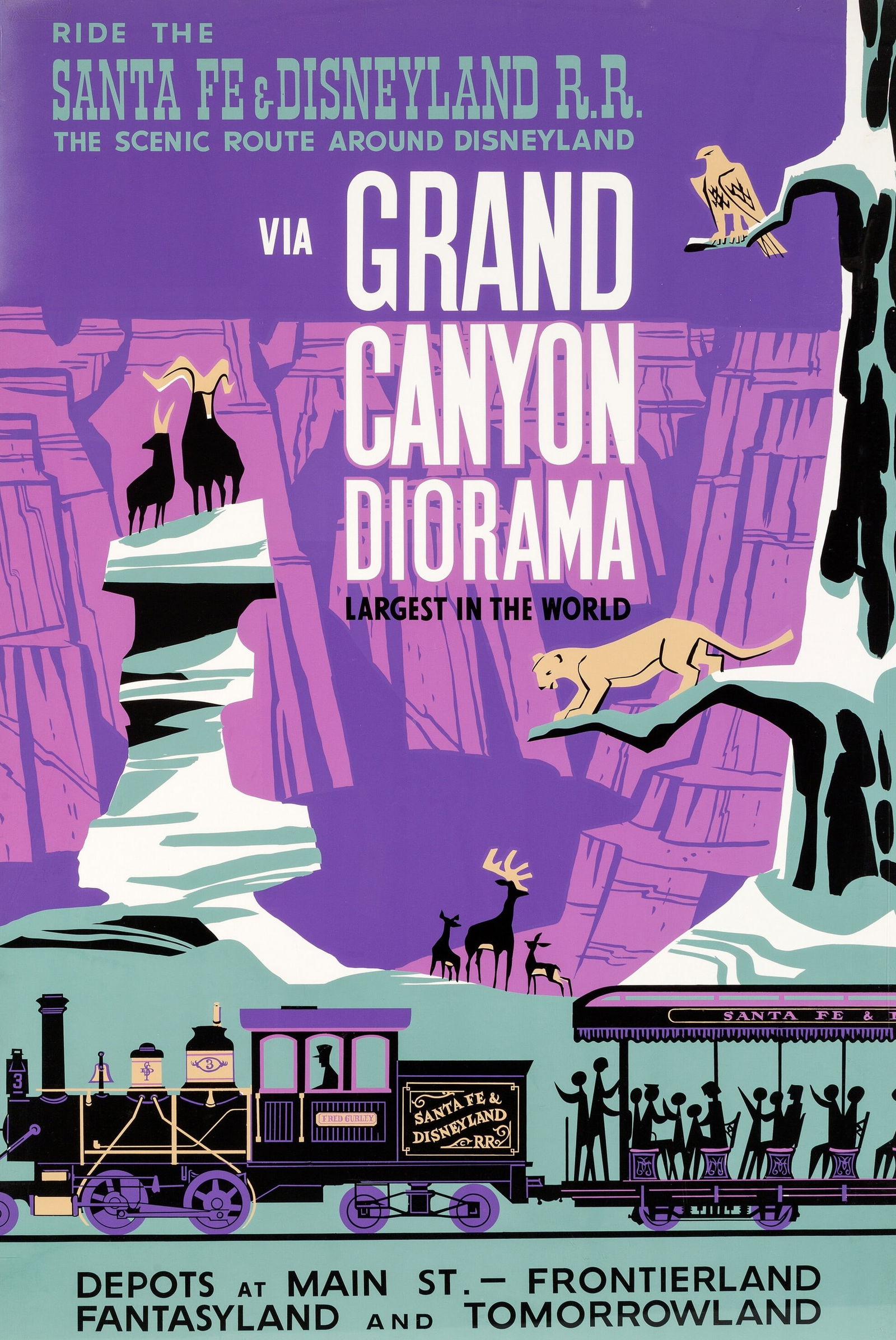 DISNEYLAND SANTA FE RAILROAD POSTER: Disneyland Santa Fe Railroad Poster Print mounted to same size linen measuring at 36x54 inches. Unknown Print date.