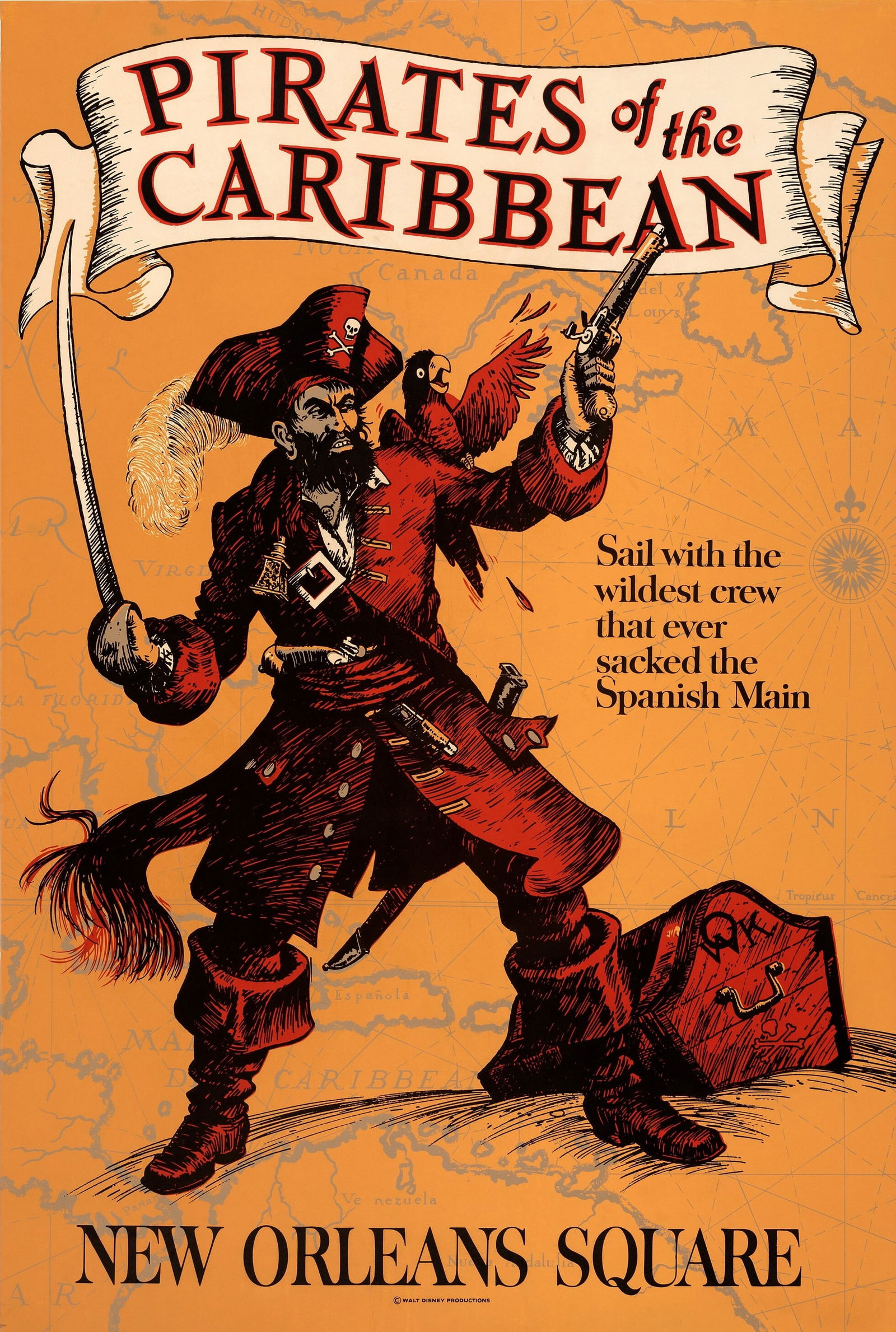 DISNEYLAND PIRATES OF THE CARIBBEAN POSTER: Disneyland Pirates of the Caribbean Poster print mounted to same size linen measuring at 36x54 inches. Unknown Print date.