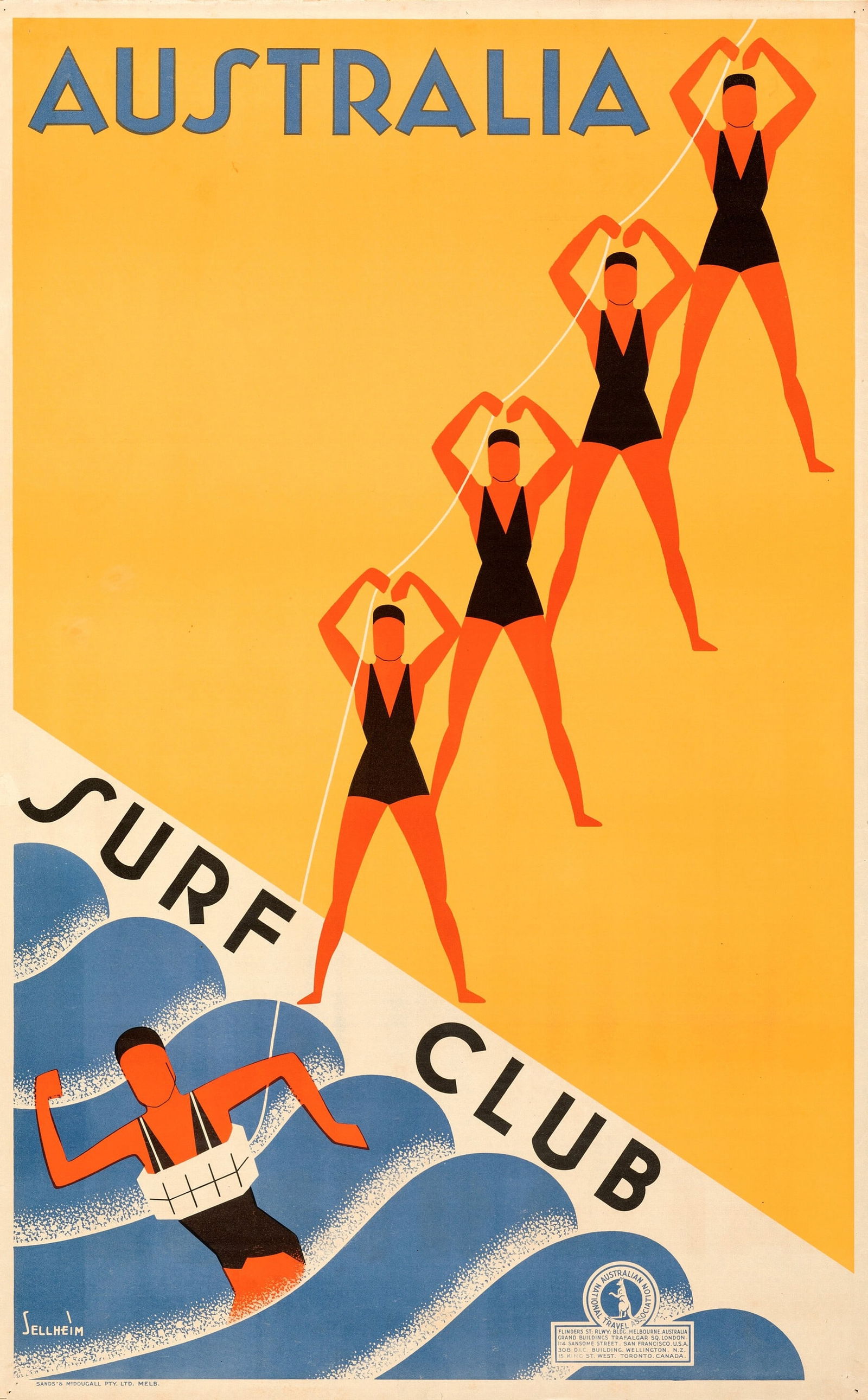 AUSTRALIA SURF CLUB POSTER PRINT: Australia Surf Club Poster Print mounted to same size linen measuring at 25x40 inches. Unknown print date.