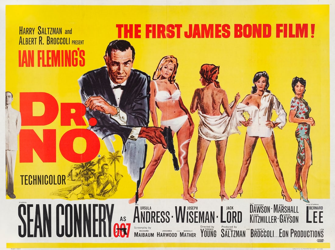 JAMES BOND BRITISH QUAD POSTER PRINT: James Bond British Quad Poster Print mounted to same size linen measuring at 30x40 inches. Unknown Print date.