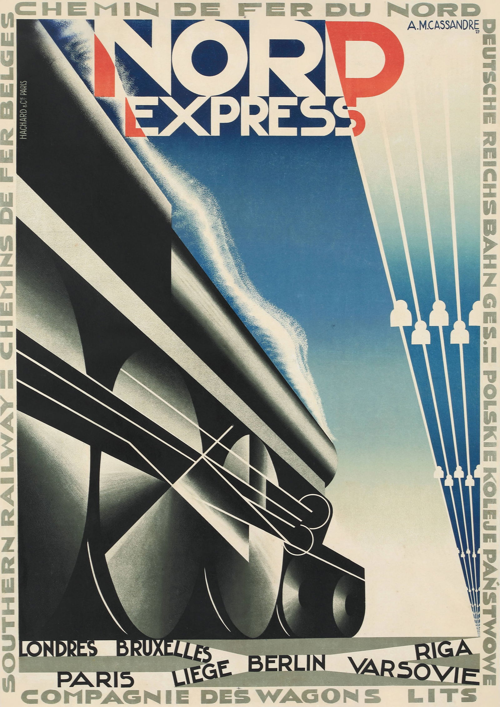 AM CASSANDRE NORD EXPRESS POSTER: AM Cassandre Nord Express Poster Print mounted to same size linen measuring at 29.5x41.75 inches. Unknown Print date.