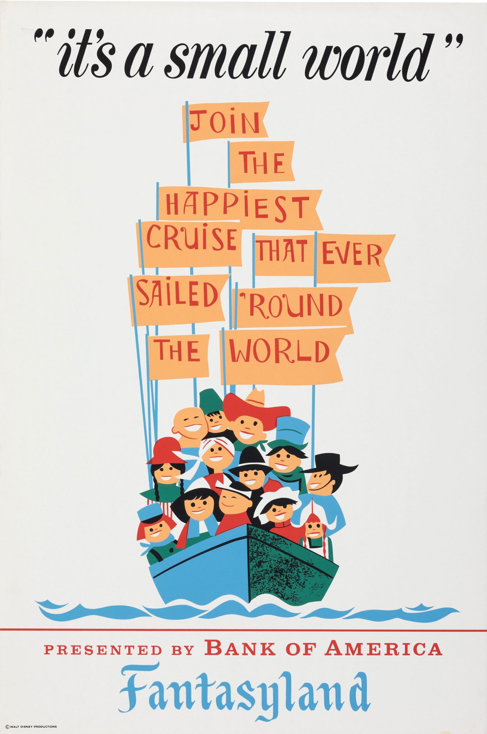 DISNEYLAND SMALL WORLD POSTER PRINT: Disneyland Small World Poster print mounted to same size linen measuring at 36x54 inches. Unknown Print date.