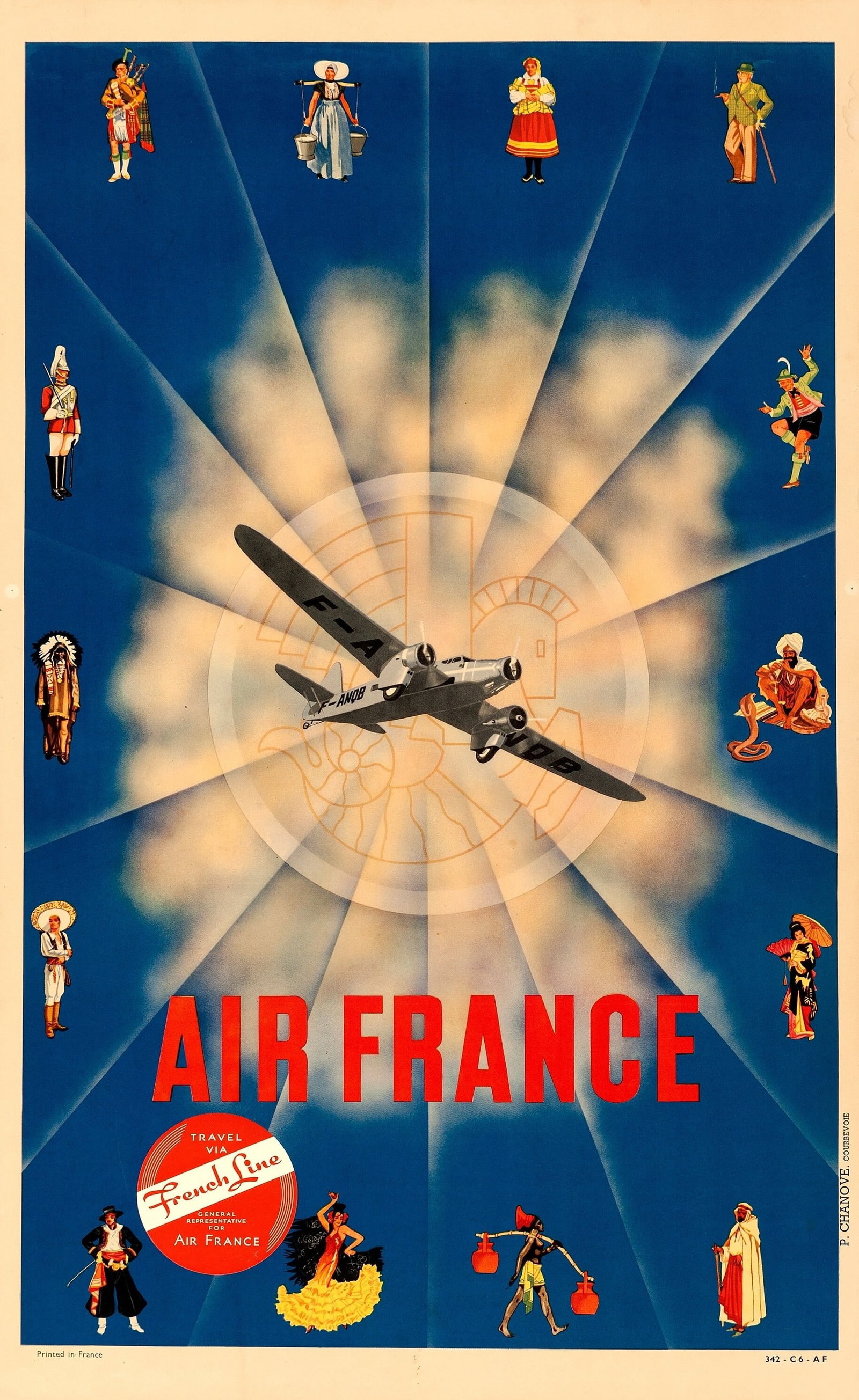AIR FRANCE TRAVEL POSTER PRINT: Air France Travel Poster Print mounted to same size linen measuring at 25x40 inches. Unknown Print date.