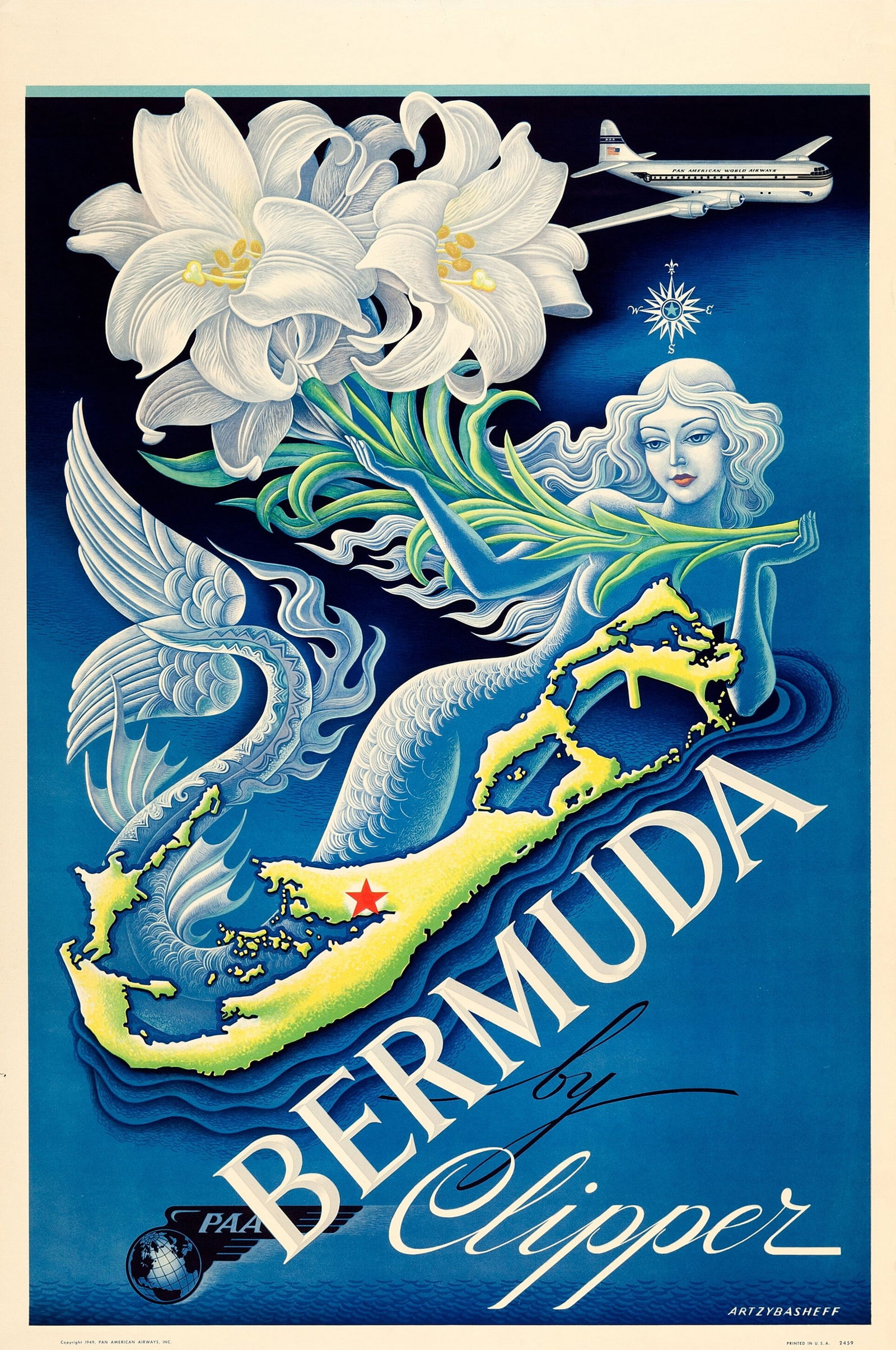 BERMUDA PAN AMERICAN AIRWAYS POSTER: Bermuda Pan American Airways Poster print mounted to same size linen measuring at 28x42 inches. Unknown print date.