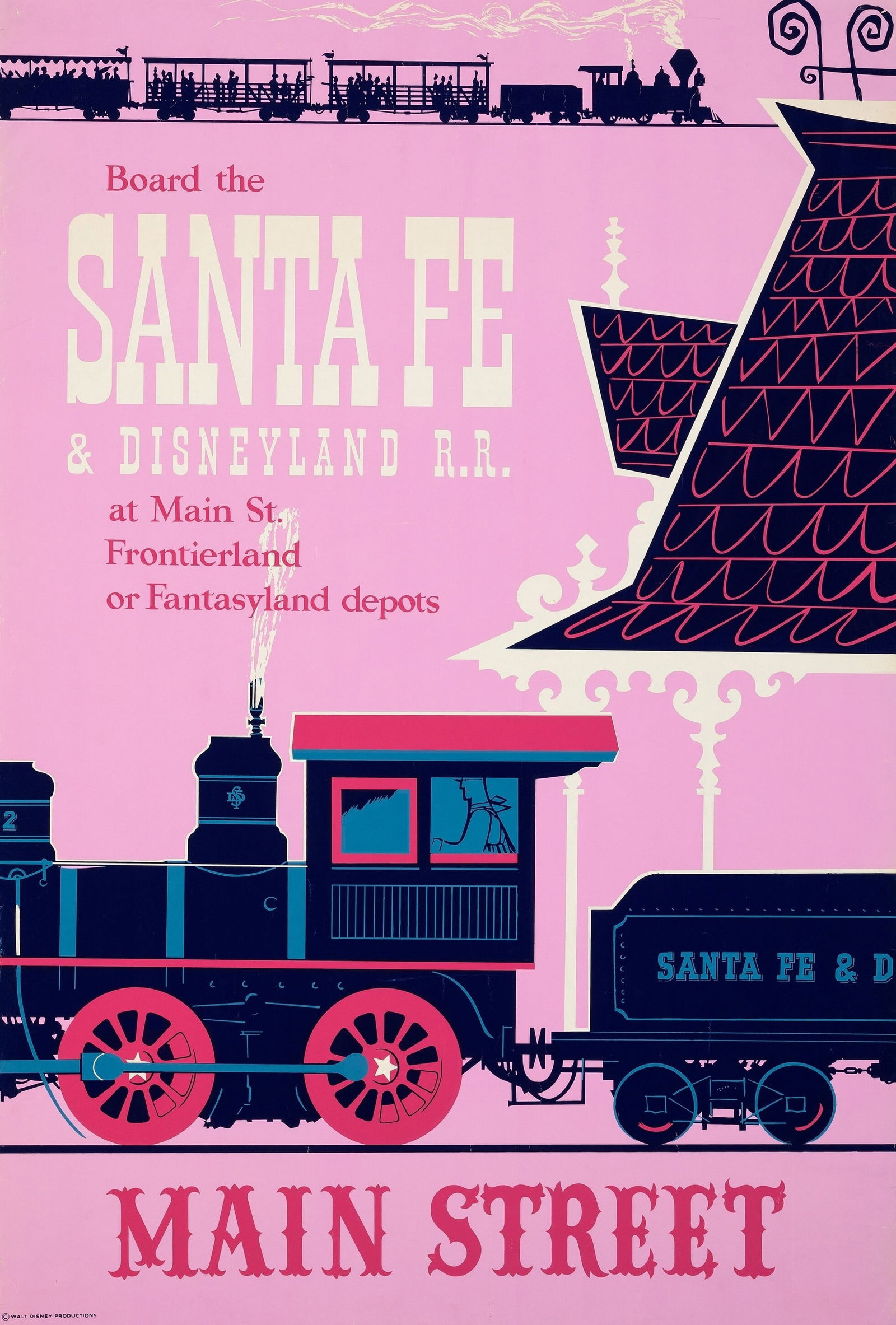 DISNEYLAND SANTA FE RAILROAD POSTER PRINT: Disneyland Santa Fe Railroad Poster Print mounted to same size linen measuring at 36x54 inches. Unknown print date.