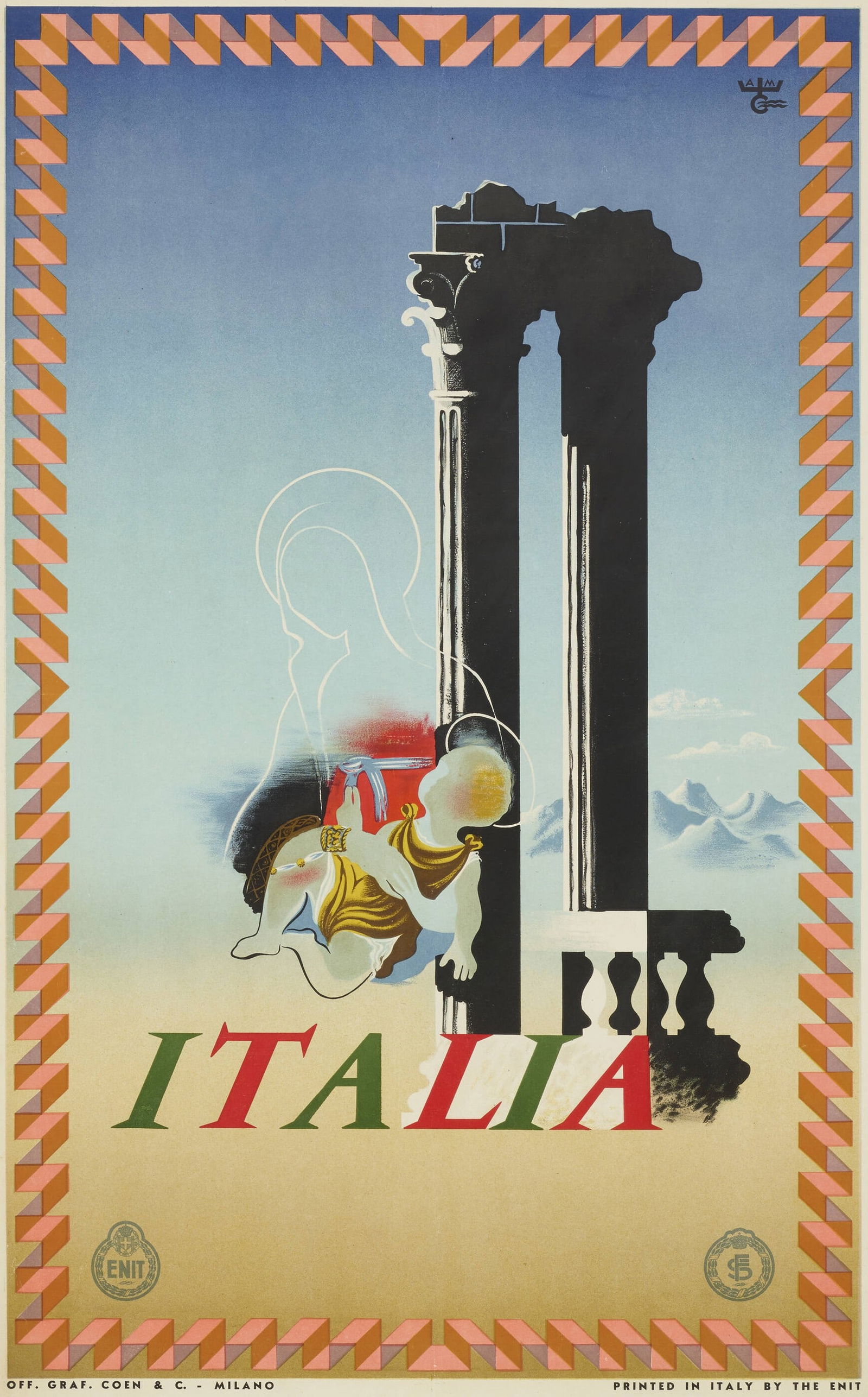 AM CASSANDRE ITALIA POSTER PRINT: AM Cassandre Italia Poster print mounted to same size linen measuring at 23x38 inches. Unknown print date.