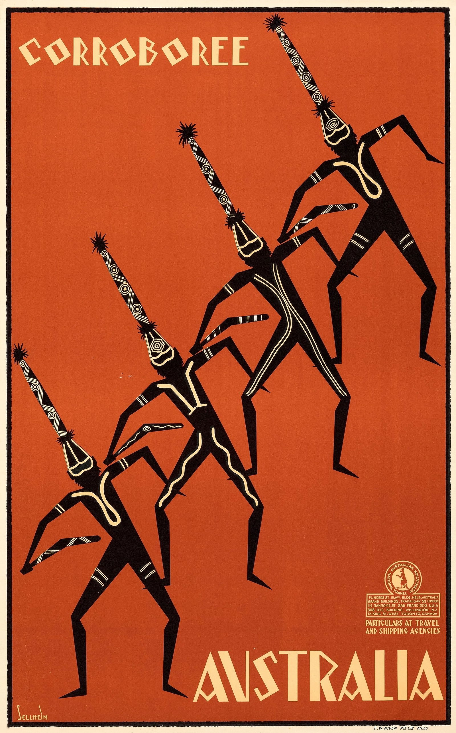 AUSTRALIAN CORROBEE POSTER PRINT: Australian Corrobee Poster Print mounted to same size linen measuring at 25x40 inches. Unknown print date.