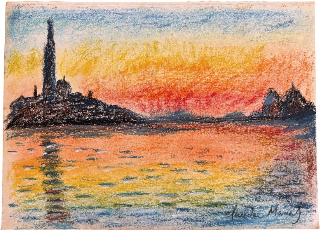 CLAUDE MONET SUNSET DUSK PASTEL ON PAPER: Claude Monet Sunset Dusk Pastel on Paper measuring at 8.5x12 inches. Hand signed in the bottom right corner and stamped on the rear.