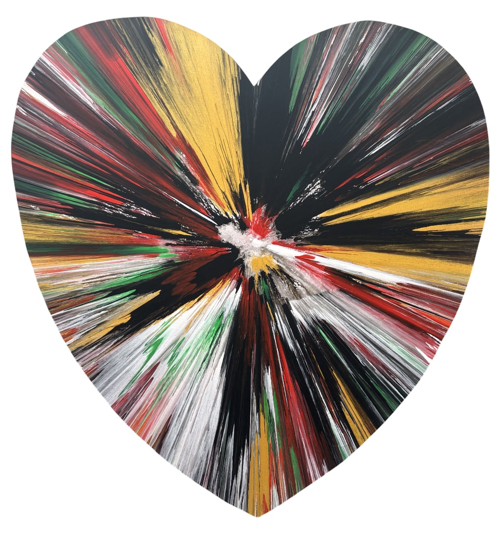 DAMIEN HIRST HEART PAINTING: Damien Hirst Heart Painting measuring at 20x22 inches. Blind stamped on the right corner and marker signed/ stamped on the rear.