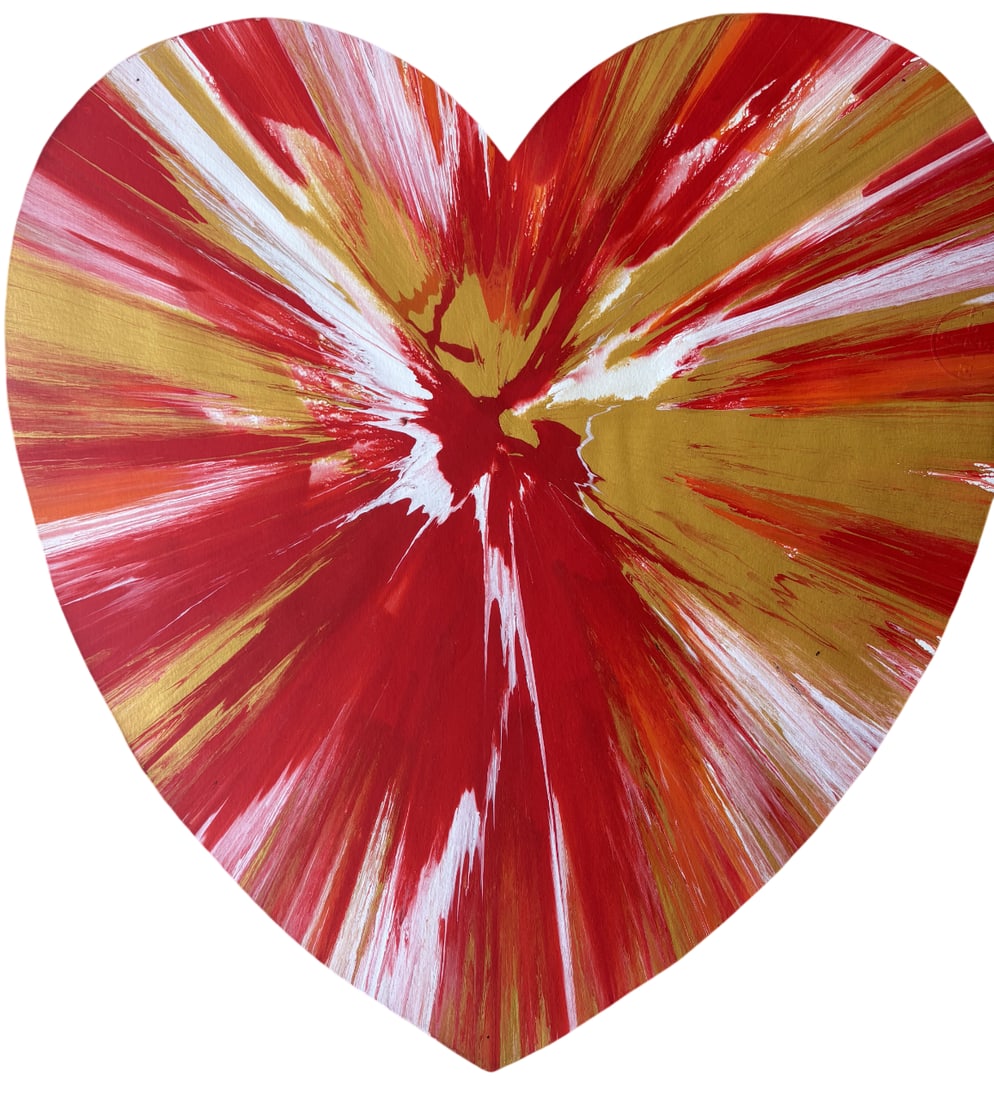 DAMIEN HIRST HEART PAINTING: Damien Hirst Heart Painting measuring at 20x22 inches. Blind stamped on the right corner and marker signed/ stamped on the rear.