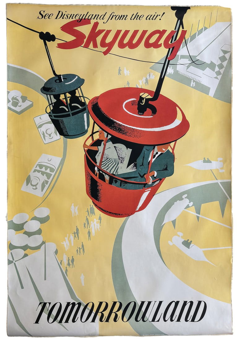 DISNEY SKYWAY TOMMOROWLAND POSTER: Disney Skyway Tommorowland Poster Print mounted to same size linen measuring at 36x54 inches. Unknown Print date.