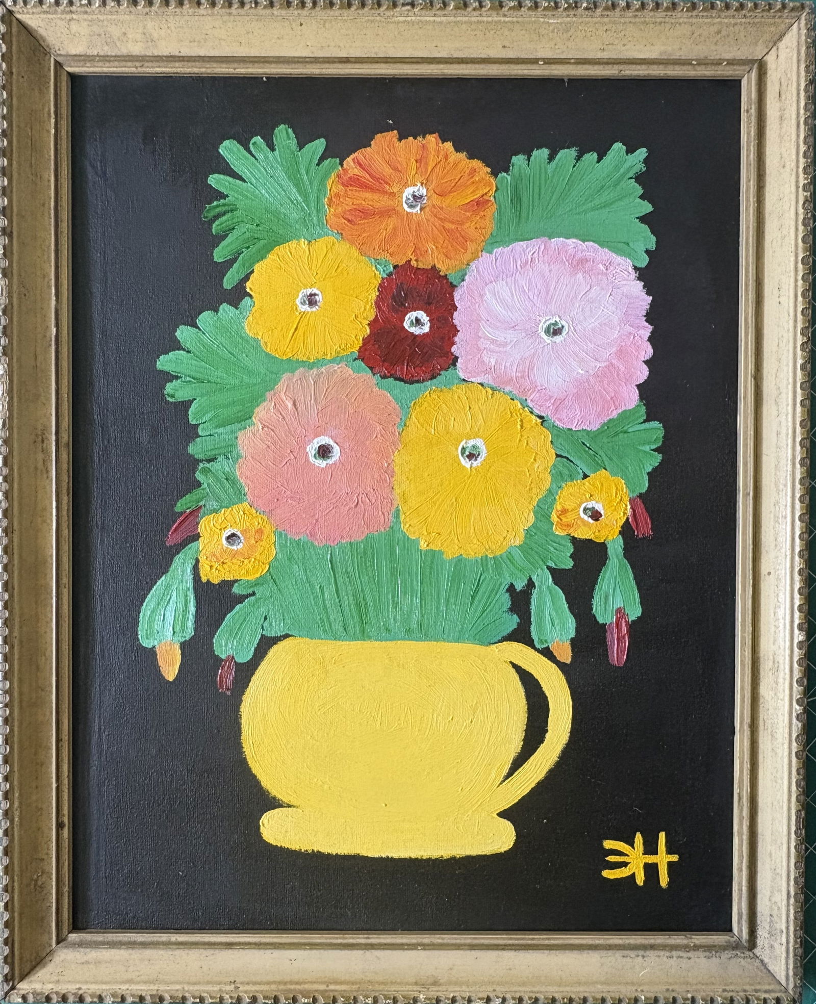 CLEMENTINE HUNTER ZINNIAS OIL ON BOARD (1 of 2)
