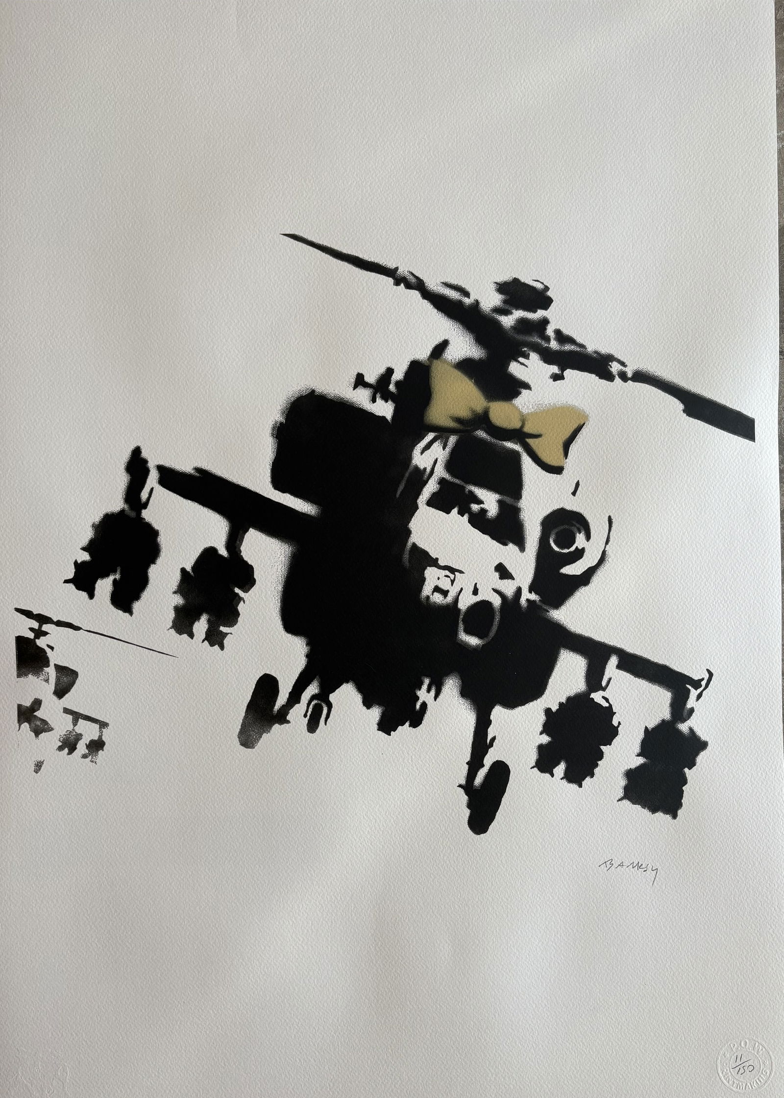 BANKSY HAPPY CHOPPERS LITHO: Banksy Happy Choppers Lithograph measuring at 19x27 inches. Pencil signed and blind stamped in the corner. Numbered '11/150'