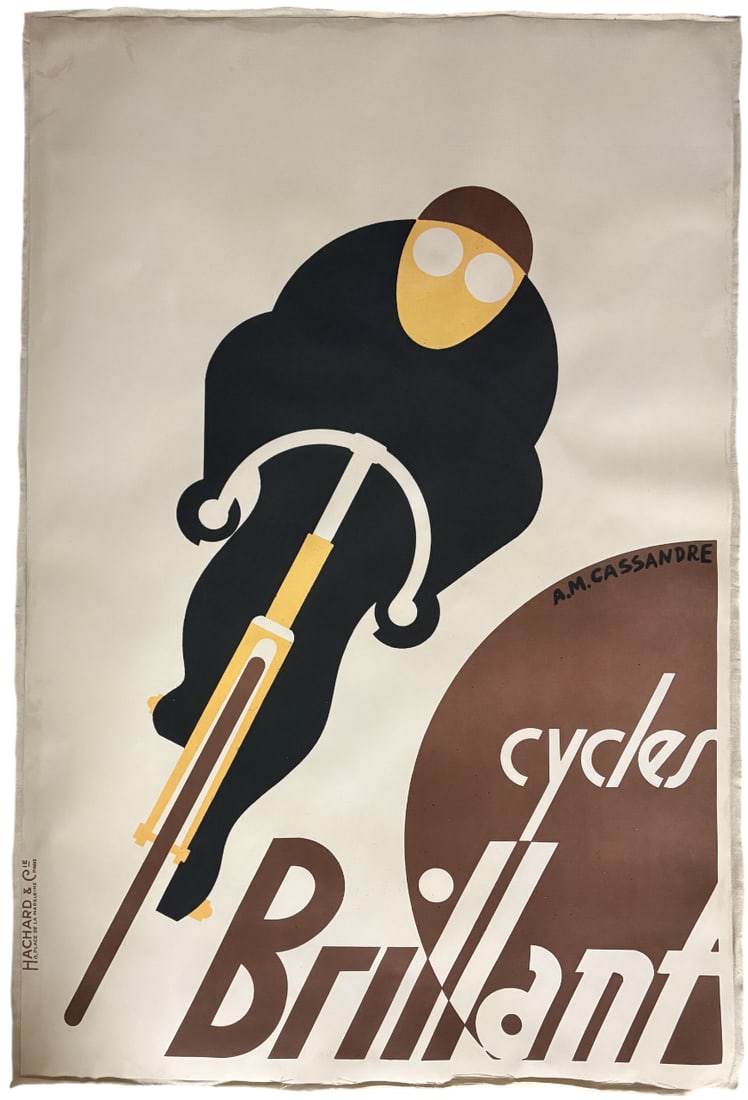 AM CASSANDRE CYCLES BRILLIANT POSTER: AM Cassandre Cycles Brilliant Poster Print mounted to same size linen measuring at 30.25x46 inches. Unknown print date.