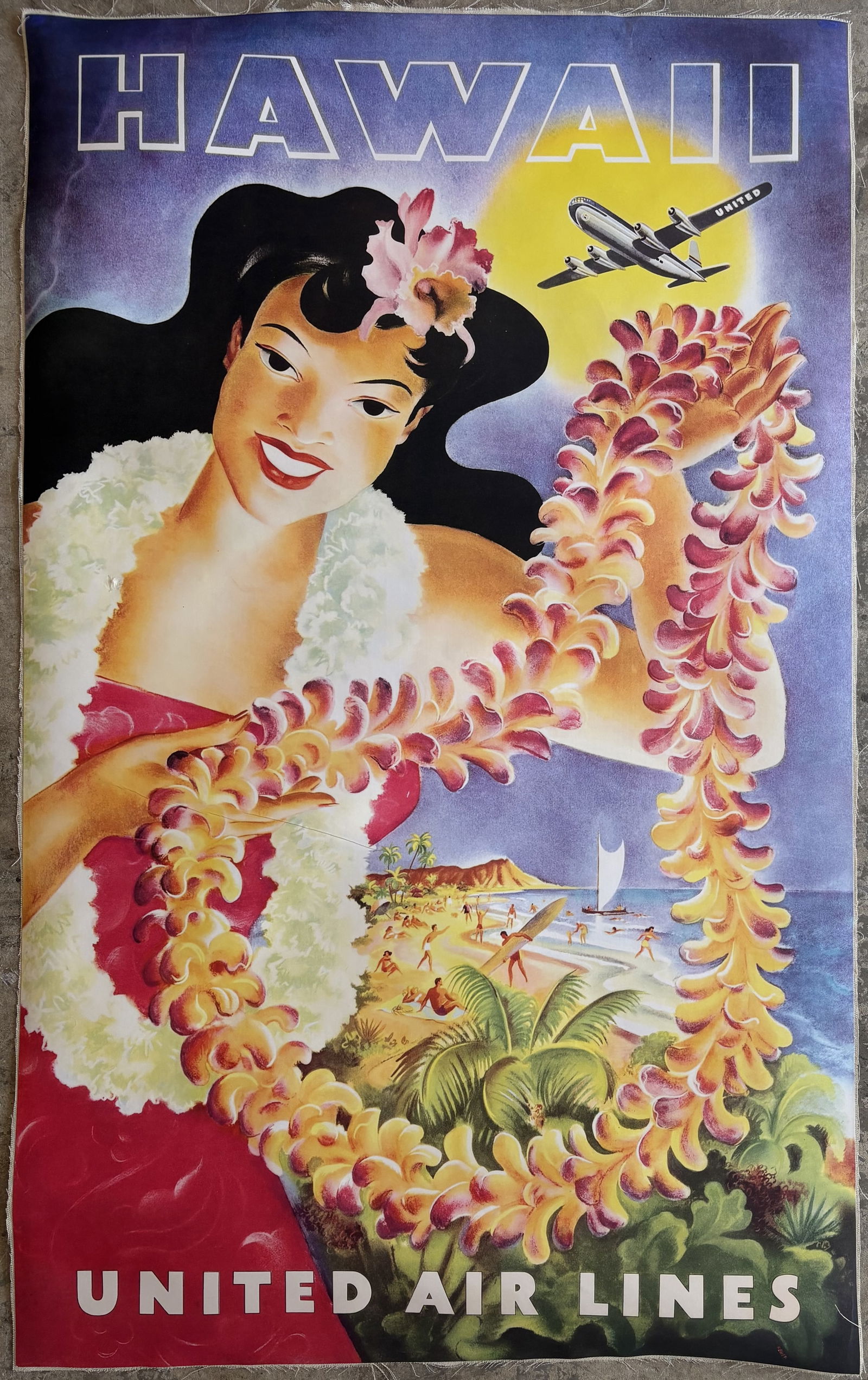HAWAII UNITED AIRLINES POSTER: Hawaii United Airlines Poster Print mounted to same size linen measuring at 27x41 inches.