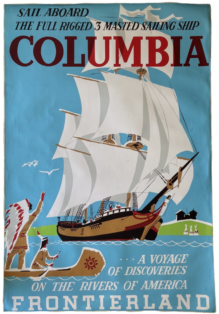 DISNEY COLUMBIA FRONTIERLAND POSTER: Disney Columbia Frontierland Poster Print mounted to same size linen measuring at 36x54 inches. Unknown Print date.