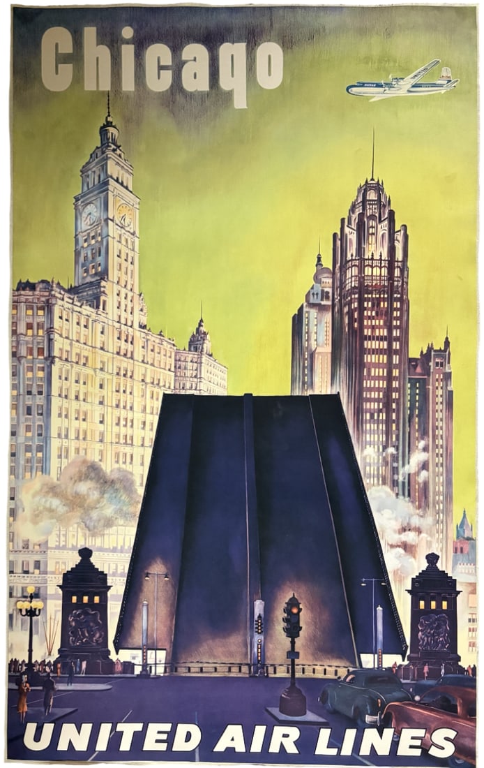 CHICAGO UNITED AIRLINES POSTER: Chicago United Airlines Poster Print mounted to same size linen measuring at 27x41 inches. Unknown Print date.