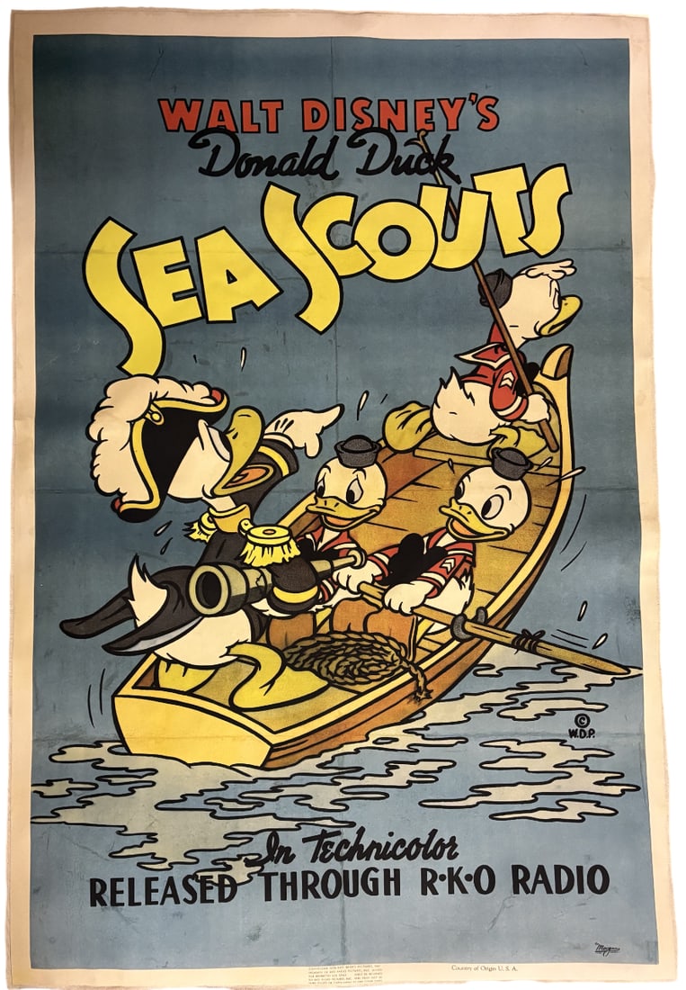 DISNEY SEA SCOUTS POSTER PRINT: Disney Sea Scouts Poster print mounted to same size linen measuring at 27x41 inches. Unknown Print date.
