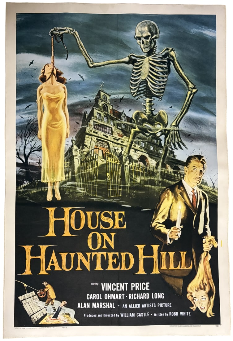 HOUSE ON HAUNTED HILL POSTER: House on Haunted Hill Poster print mounted to same size linen measuring at 27x41 inches. Unknown print date.