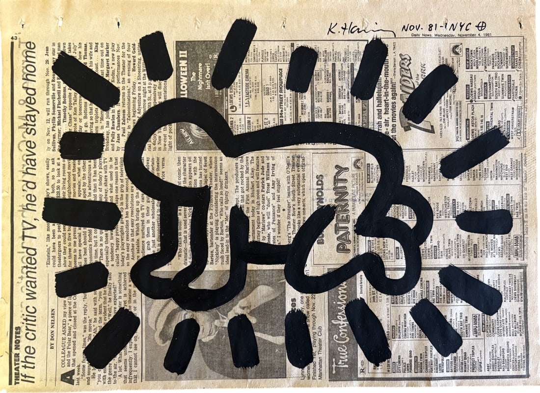 KEITH HAIRNG BABY NEWSPAPER: Keith Haring Baby Newspaper measuring at 11x14.5 inches. Signed and stamped on the rear. Attributed to Keith Haring.