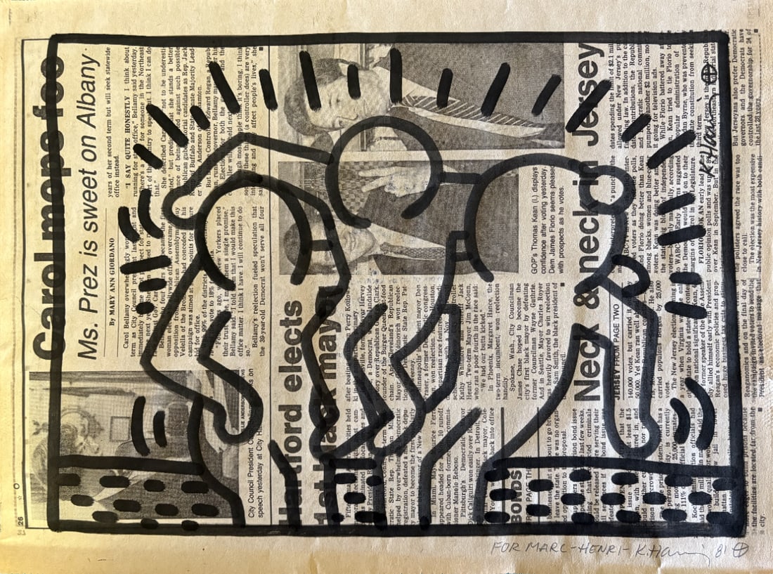 KEITH HARING SITTING FRIENDS NEWSPAPER: Keith Haring Sitting Friends Newspaper measuring at 11x14.5 inches. Signed and stamped on the rear. Attributed to Keith Haring.