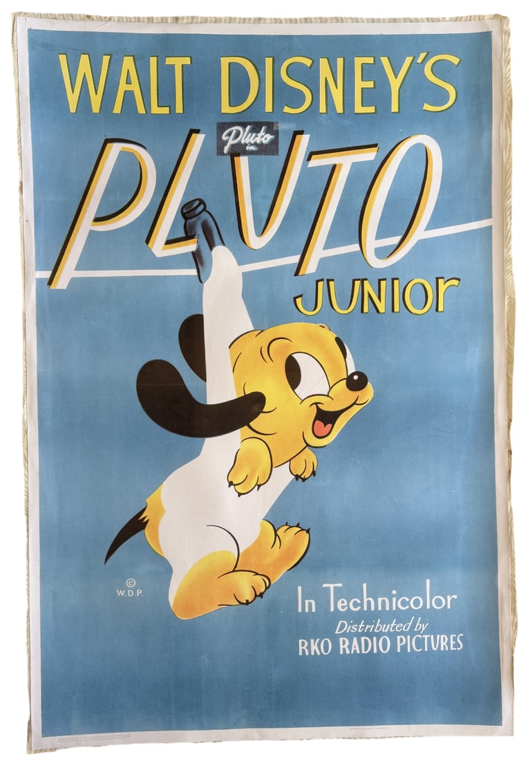 DISNEY PLUTO JR POSTER: Disney Pluto JR Poster Print mounted to same size linen measuring at 27x41 inches. Unknown Print date.