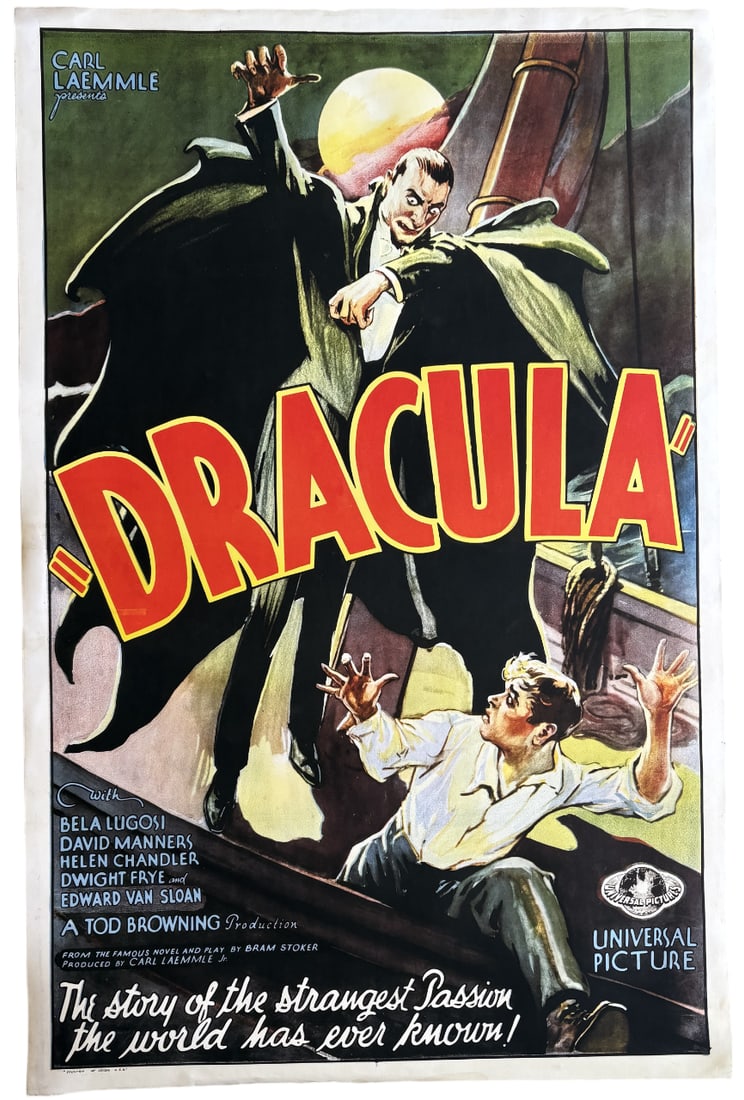UNIVERSAL DRACULA POSTER PRINT: Universal Dracula Poster Print mounted to same size linen measuring at 27x41 inches. Unknown Print date.