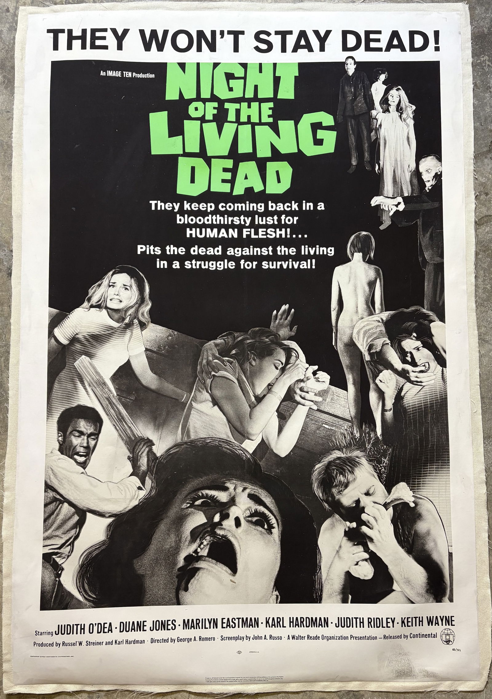 NIGHT OF THE LIVING DEAD POSTER: Night of the Living Dead Poster Print mounted to same size linen measuring at 27x41 inches. Unknown print date.