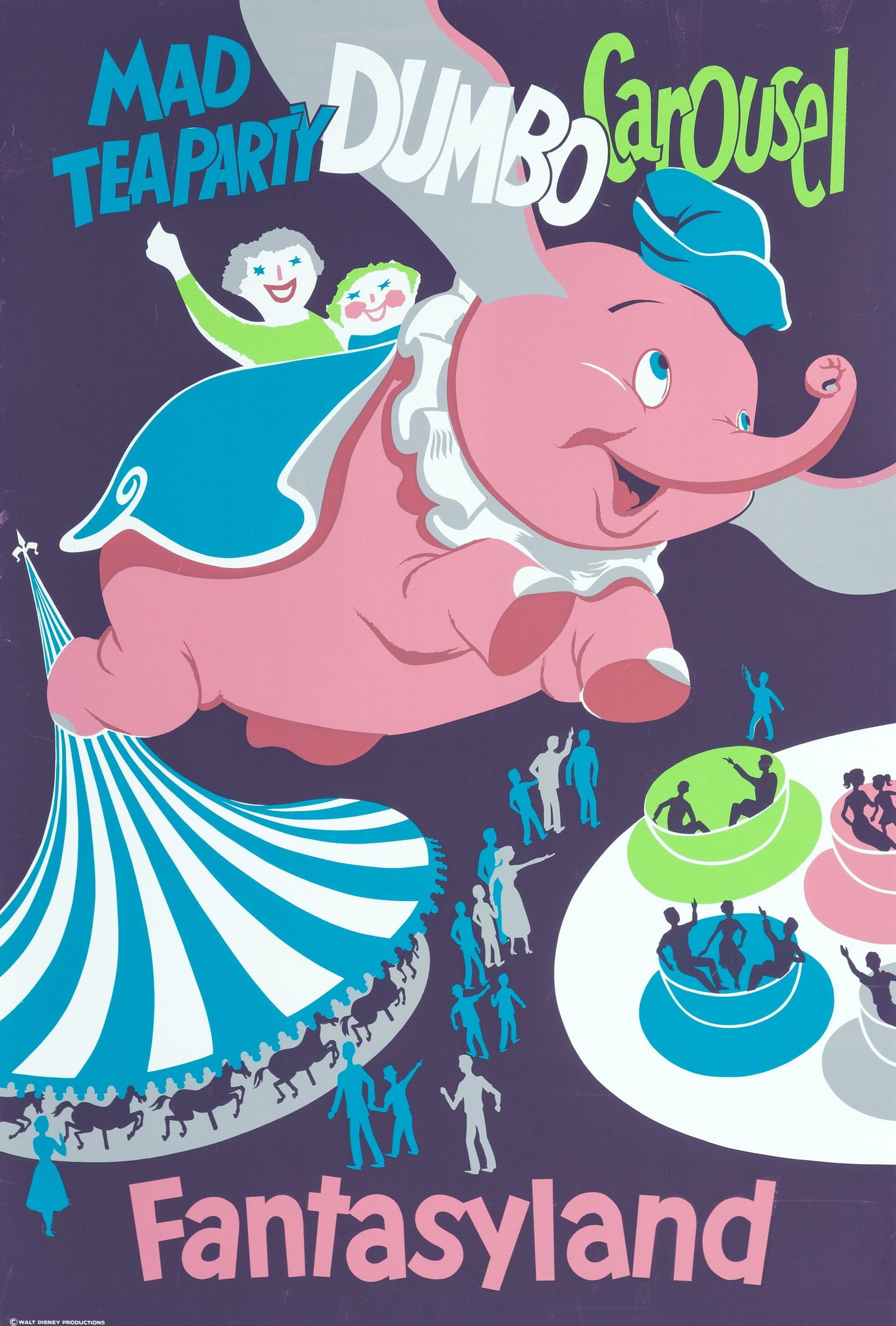 DISNEYLAND DUMBO CAROUSEL POSTER PRINT: Disneyland Dumbo Carousel Poster Print mounted to same size linen measuring at 36x54 inches. Unknown Print date.