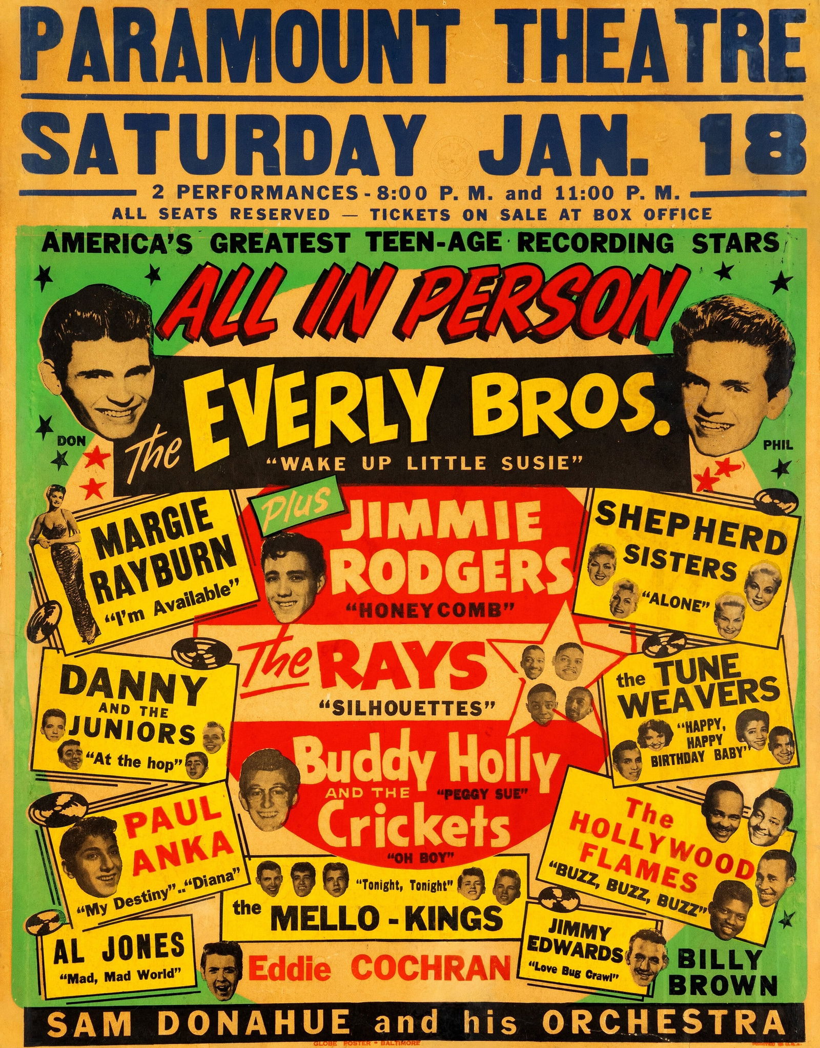 BUDDY HOLLY & THE CRICKETS CONCERT POSTER PRINT: Buddy Holly & The Crickets Concert Poster Print mounted to board measuring at 22x28 inches. Unknown print date