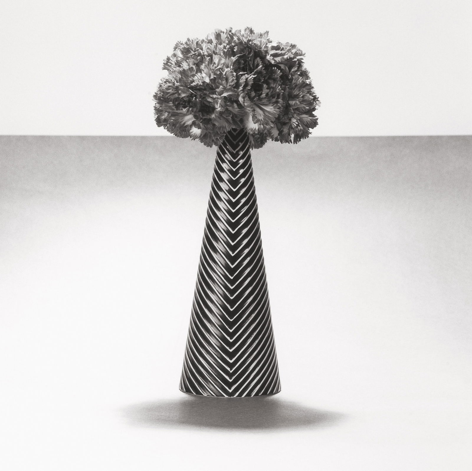 ROBERT MAPPLETHORPE CARNATIONS WITH STRIPED VASE PRINT: Robert Mapplethorpe Carnations with Striped Vase Print mounted to board measuring at 15x15 inches