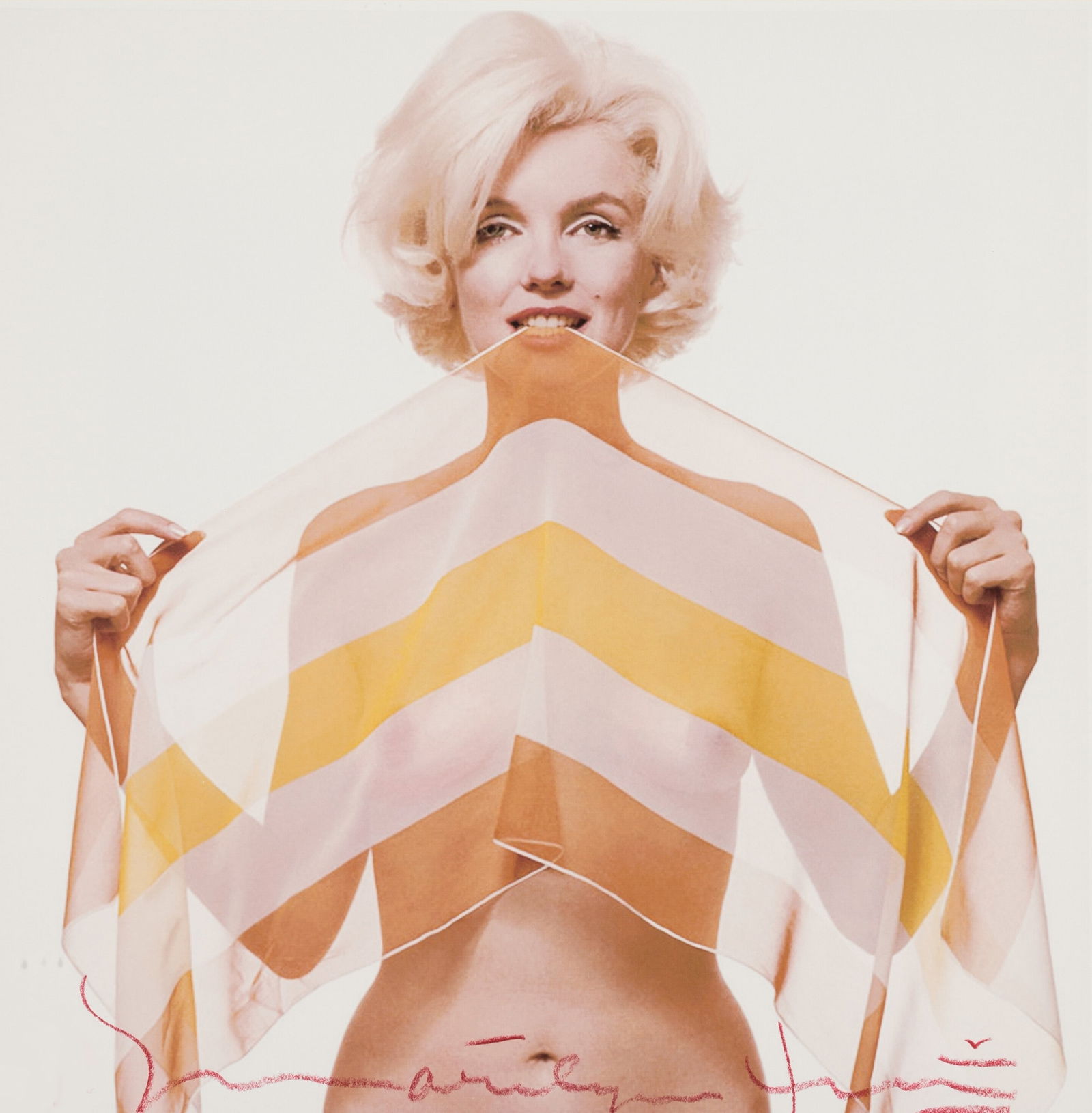 MARILYN MONROE STRIPED SCARF PRINT: Marilyn Monroe Striped Scarf Print mounted to board measuring at 14x14 inches. Signed in the plate.